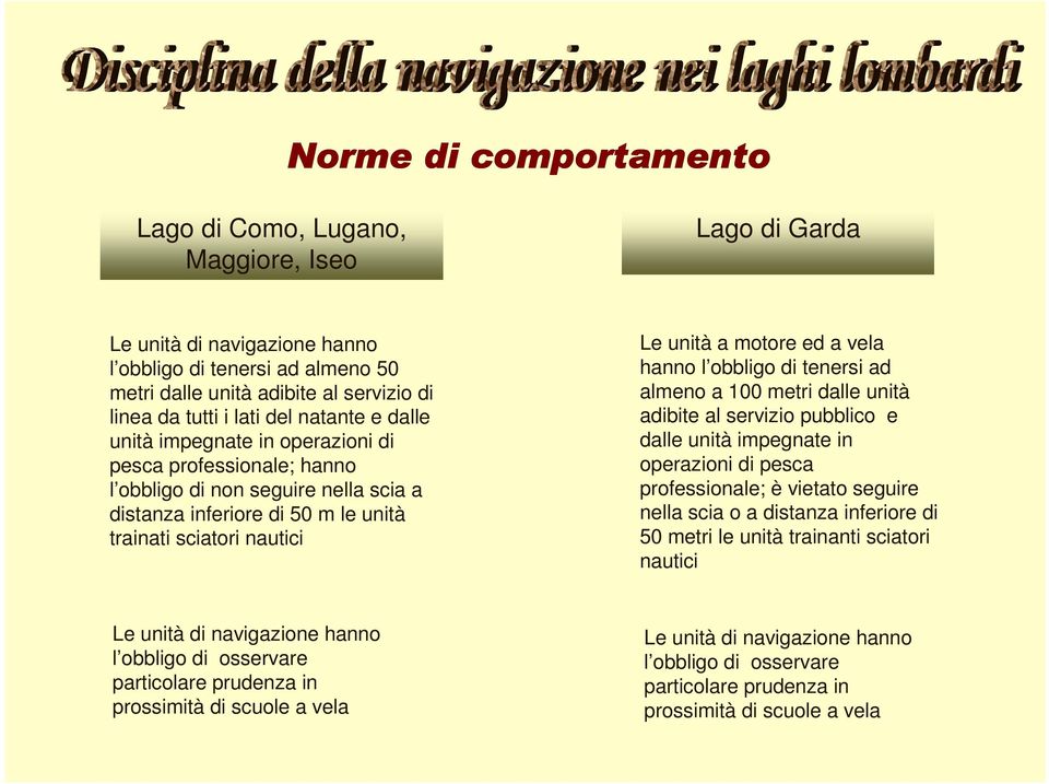 motore ed a vela hanno l obbligo di tenersi ad almeno a 100 metri dalle unità adibite al servizio pubblico e dalle unità impegnate in operazioni di pesca professionale; è vietato seguire nella scia o