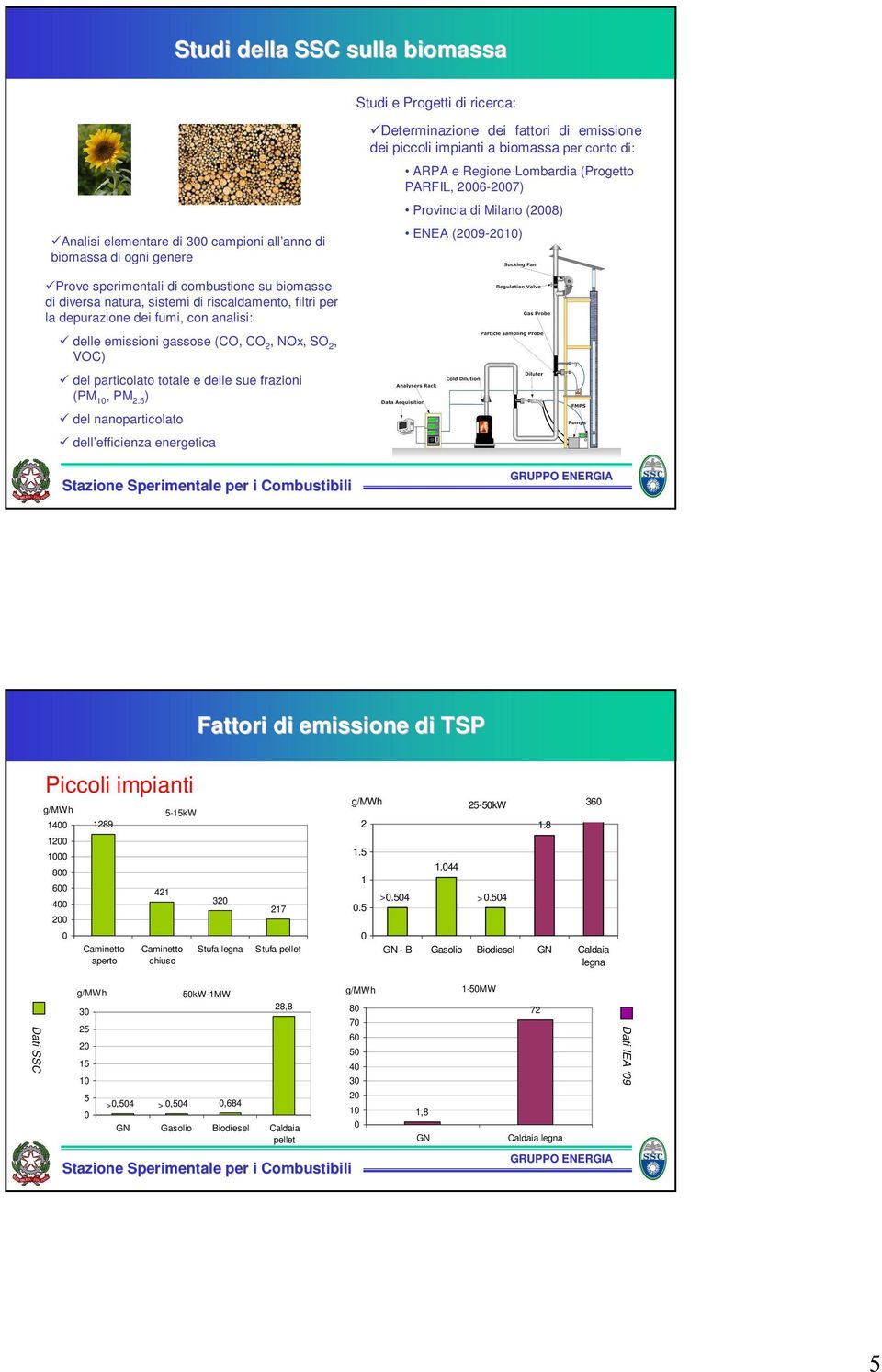 filtri per la depurazione dei fumi, con analisi: delle emissioni gassose (CO, CO 2, NOx, SO 2, VOC) del particolato totale e delle sue frazioni (PM 1, PM 2.