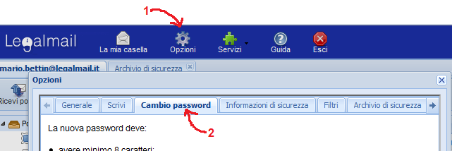 6.2 Credenziali di accesso Modifica password Si consiglia di invitare i titolari delle caselle PEC a modificare la password; per farlo dovrà accedere a web mail http://www.legalmail.