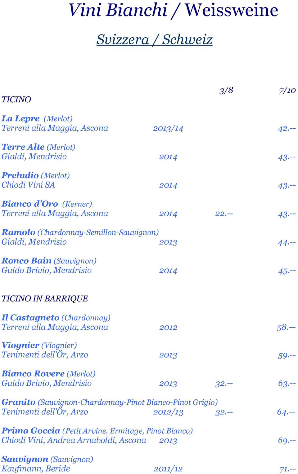 -- Ronco Bain (Sauvignon) Guido Brivio, Mendrisio 2014 45.-- TICINO IN BARRIQUE Il Castagneto (Chardonnay) Terreni alla Maggia, Ascona 2012 58. Viognier (Viognier) Tenimenti dell Ör, Arzo 2013 59.