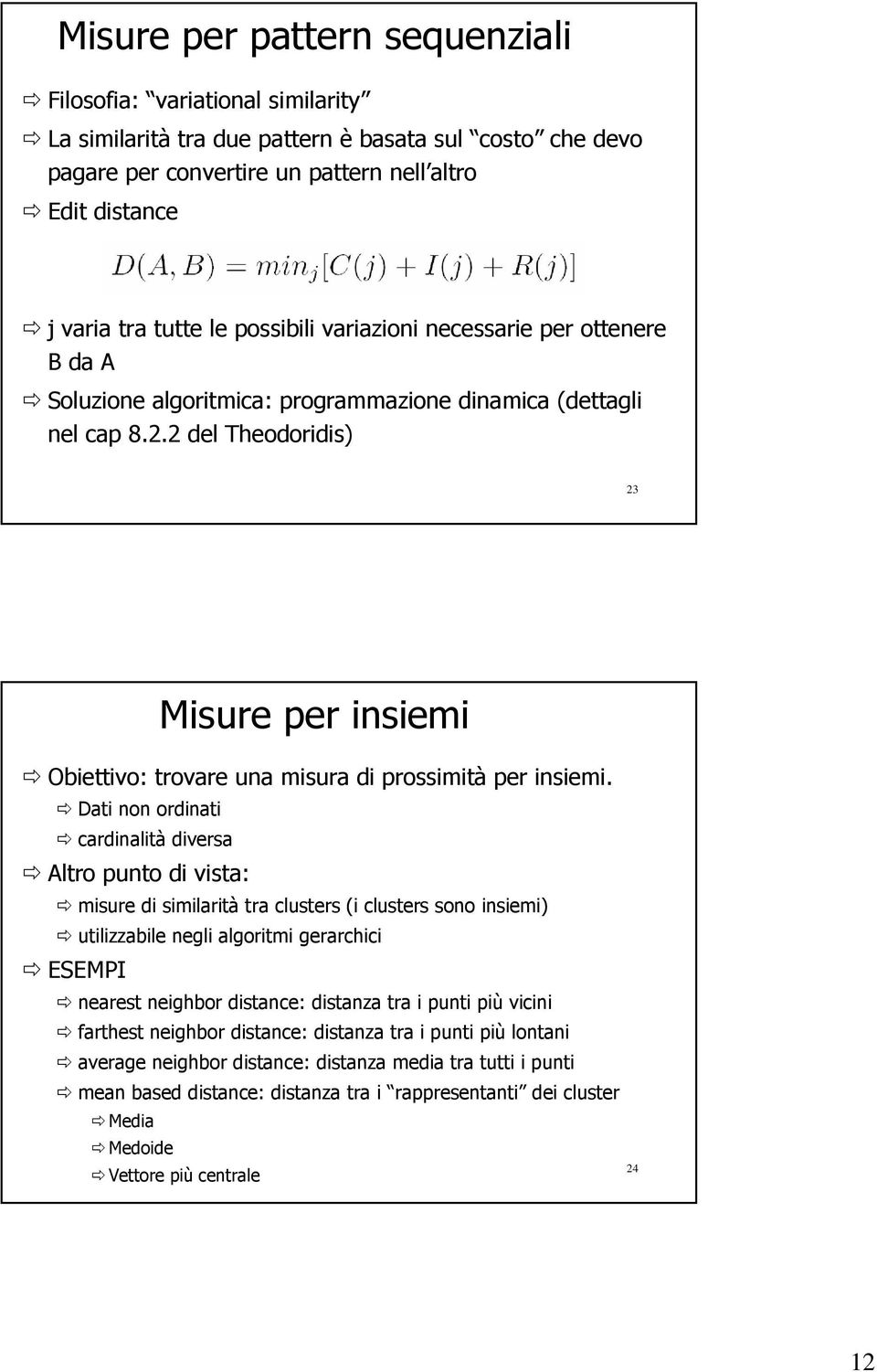 2 del Theodoridis) 23 Misure per insiemi Obiettivo: trovare una misura di prossimità per insiemi.