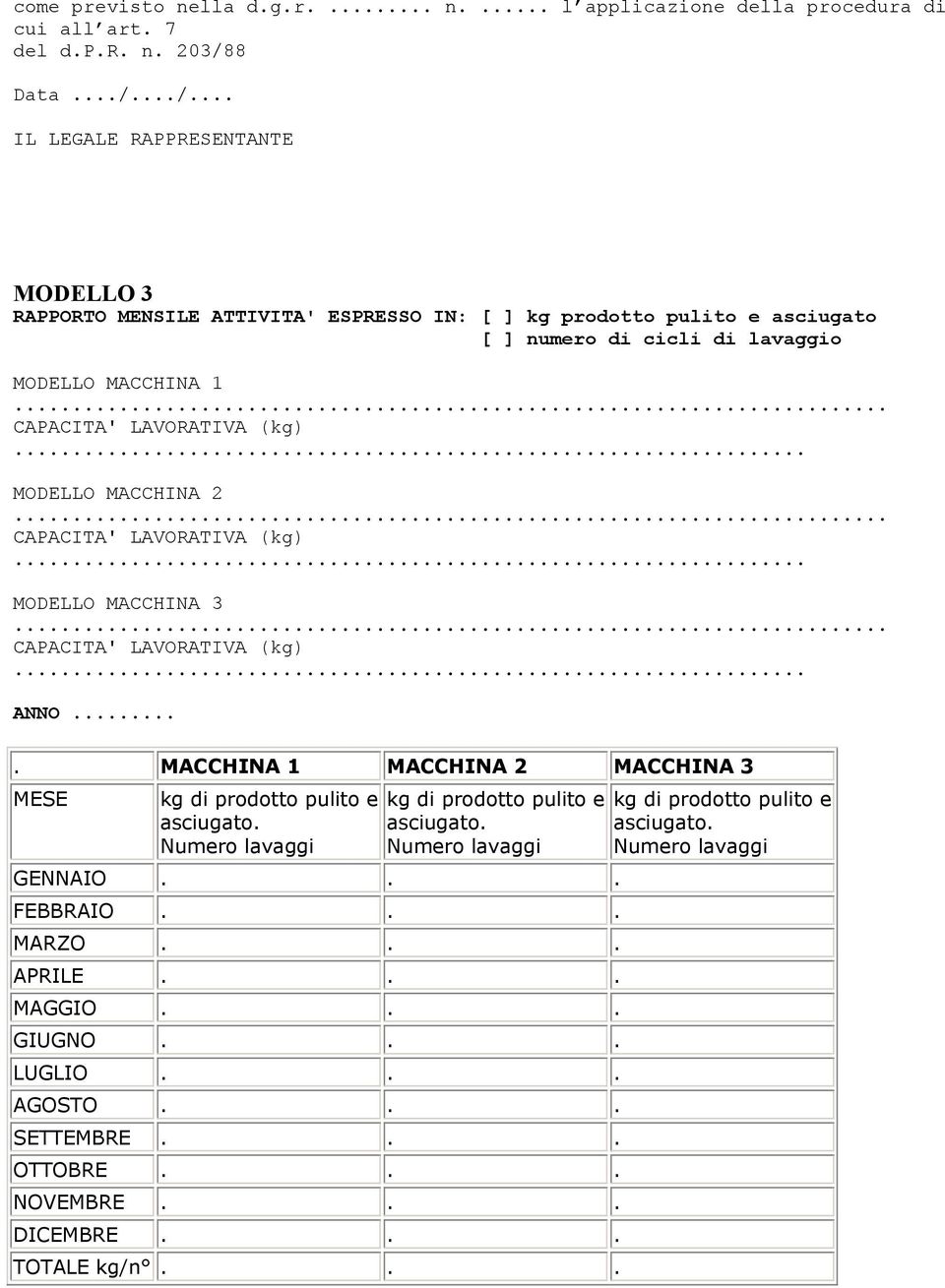 .. CAPACITA' LAVORATIVA (kg)... MODELLO MACCHINA 2... CAPACITA' LAVORATIVA (kg)... MODELLO MACCHINA 3... CAPACITA' LAVORATIVA (kg)... ANNO.