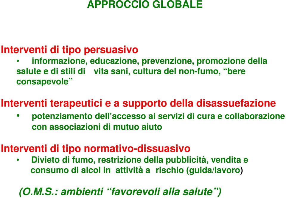 ai servizi di cura e collaborazione con associazioni di mutuo aiuto Interventi di tipo normativo-dissuasivo Divieto di fumo,