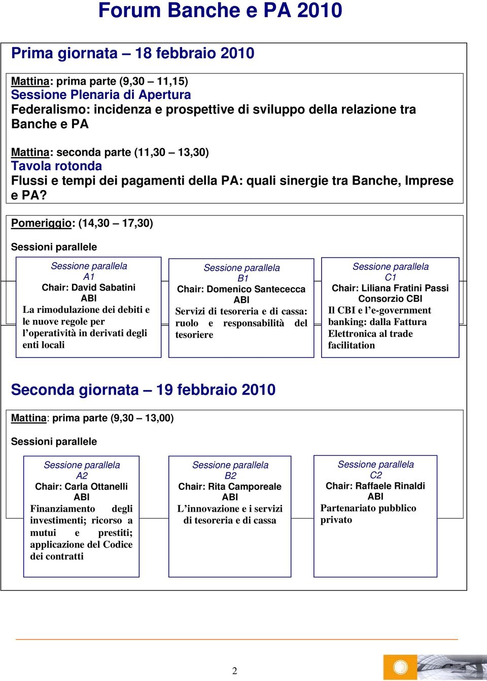 Pomeriggio: (14,30 17,30) Sessioni parallele A1 Chair: David Sabatini La rimodulazione dei debiti e le nuove regole per l operatività in derivati degli enti locali B1 Chair: Domenico Santececca