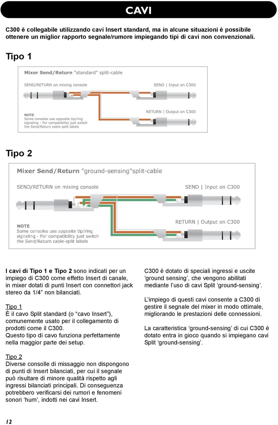 Tipo 1 È il cavo Split standard (o cavo Insert ), comunemente usato per il collegamento di prodotti come il C300. Questo tipo di cavo funziona perfettamente nella maggior parte dei setup.