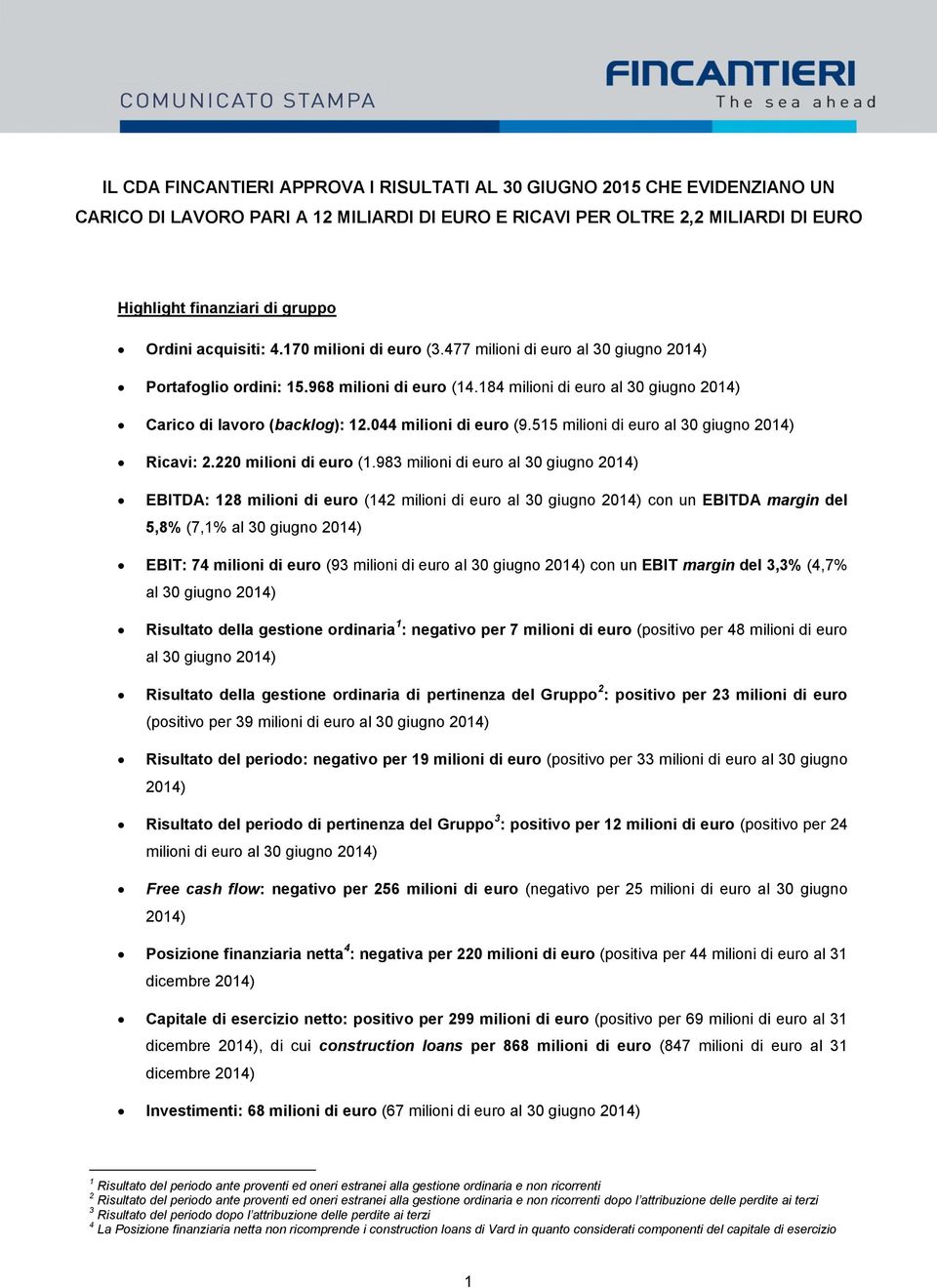 044 milioni di euro (9.515 milioni di euro al 30 giugno 2014) Ricavi: 2.220 milioni di euro (1.