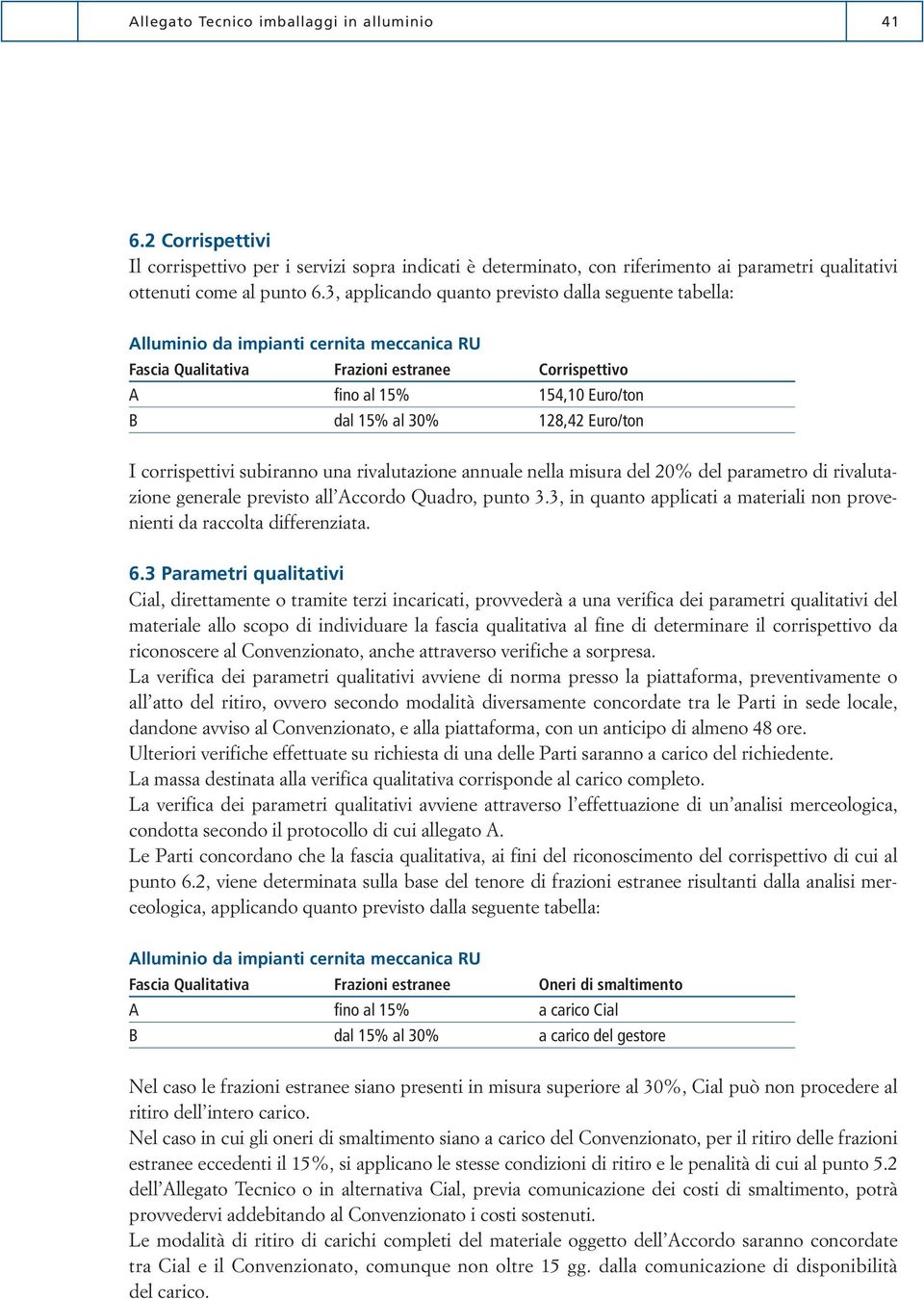 128,42 Euro/ton I corrispettivi subiranno una rivalutazione annuale nella misura del 20% del parametro di rivalutazione generale previsto all Accordo Quadro, punto 3.