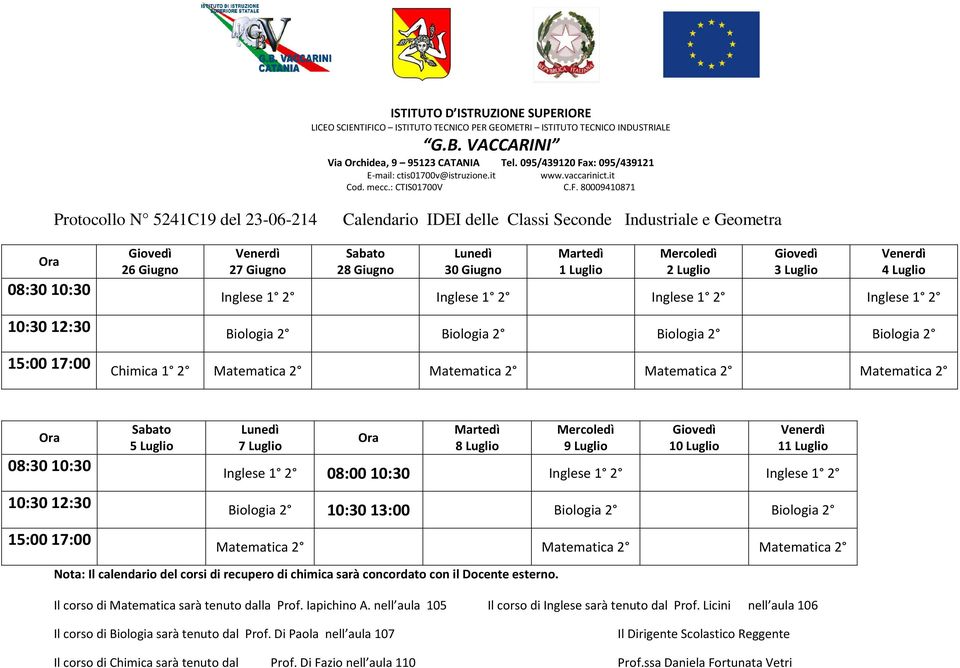 corsi di recupero di chimica sarà concordato con il Docente esterno. Il corso di Matematica sarà tenuto dalla Prof. Iapichino A.