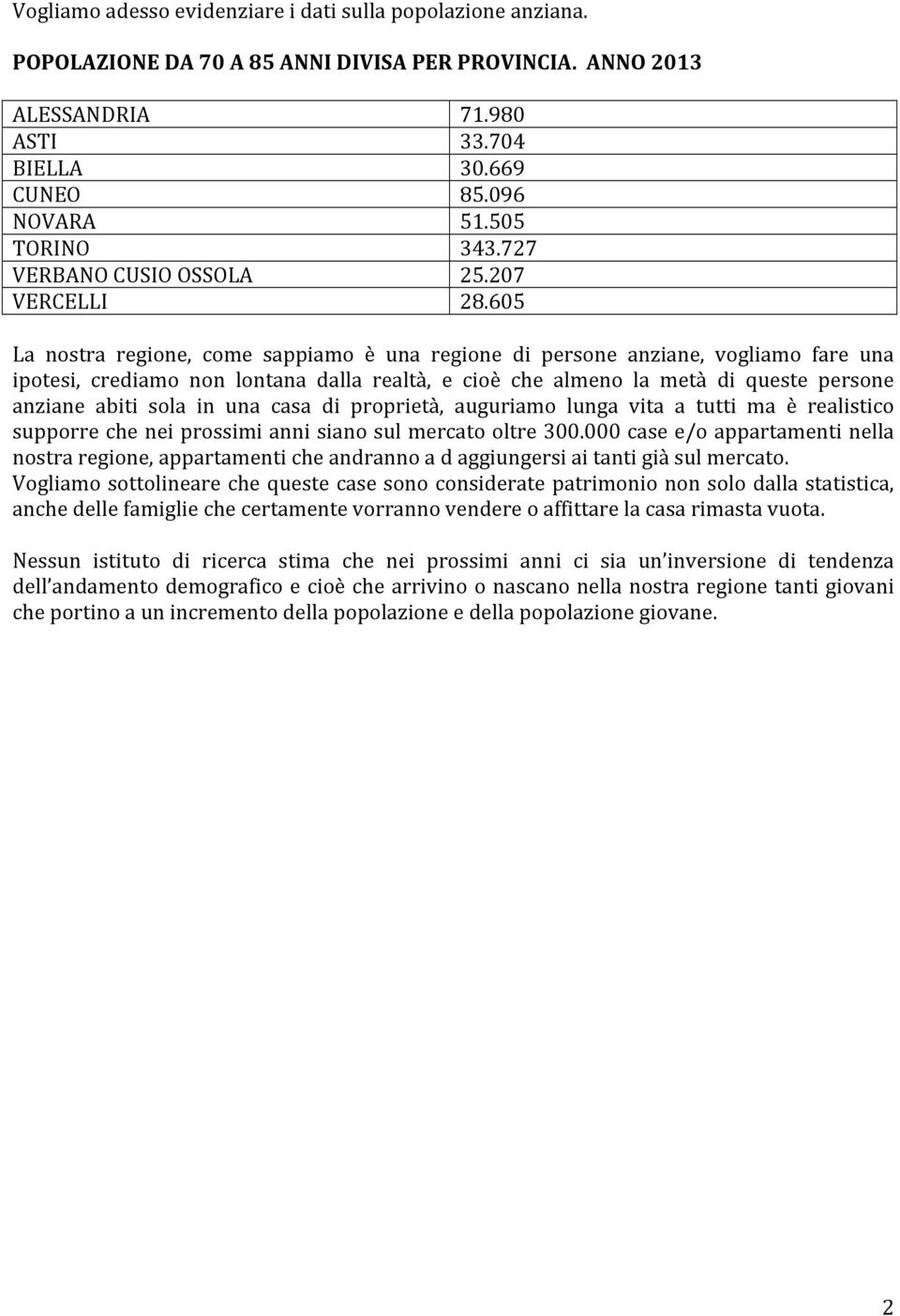 605 La nostra regione, come sappiamo è una regione di persone anziane, vogliamo fare una ipotesi, crediamo non lontana dalla realtà, e cioè che almeno la metà di queste persone anziane abiti sola in