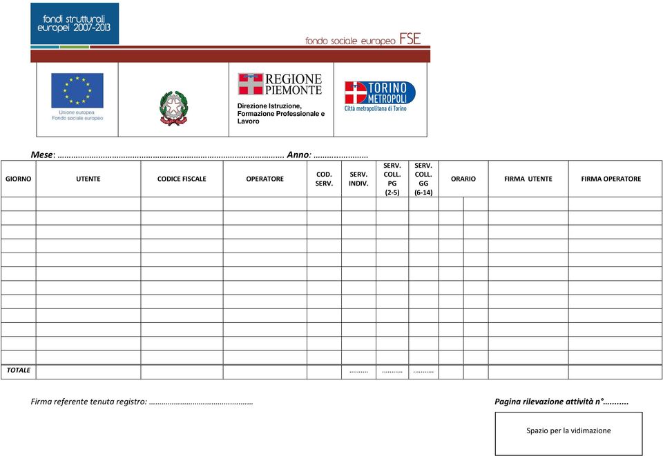 GG (6-14) ORARIO FIRMA UTENTE FIRMA OPERATORE TOTALE.