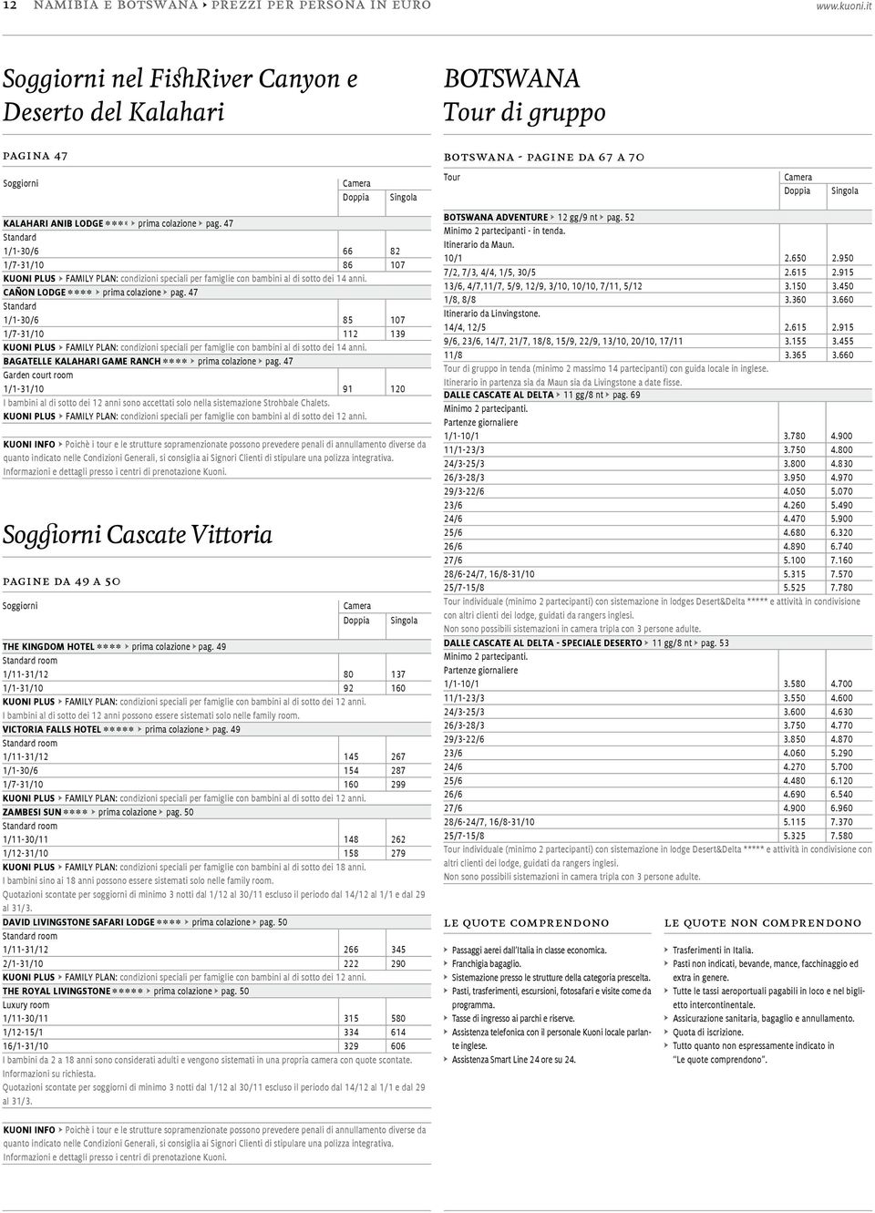 47 1/1-30/6 66 82 1/7-31/10 86 107 CAÑON LODGE s s s s h prima colazione h pag. 47 1/1-30/6 85 107 1/7-31/10 112 139 BAGATELLE KALAHARI GAME RANCH s s s s h prima colazione h pag.