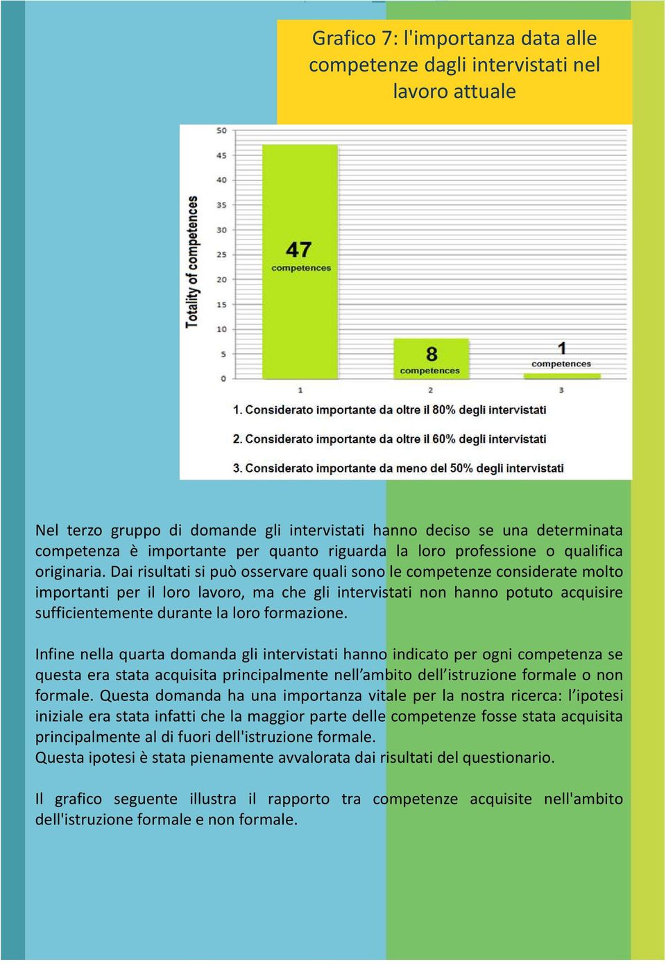 Dai risultati si può osservare quali sono le competenze considerate molto importanti per il loro lavoro, ma che gli intervistati non hanno potuto acquisire sufficientemente durante la loro formazione.