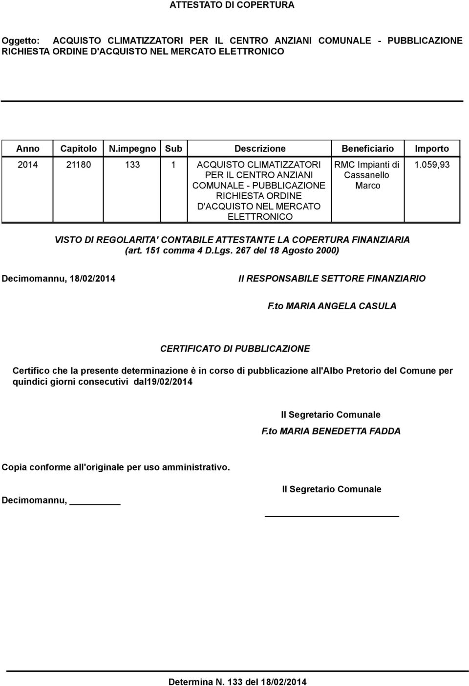 di Cassanello Marco 1.059,93 VISTO DI REGOLARITA' CONTABILE ATTESTANTE LA COPERTURA FINANZIARIA (art. 151 comma 4 D.Lgs.