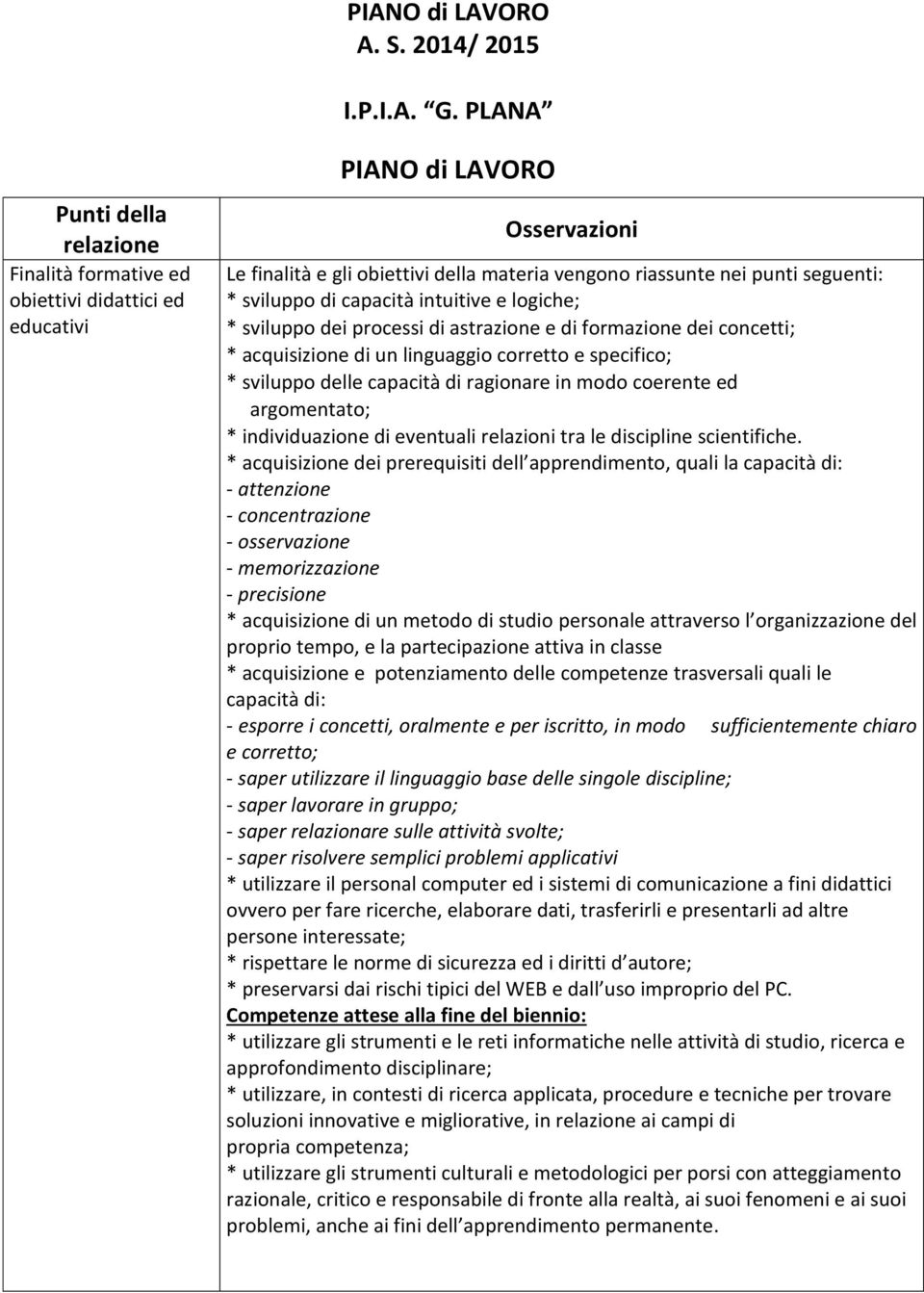 ed argomentato; * individuazione di eventuali relazioni tra le discipline scientifiche.