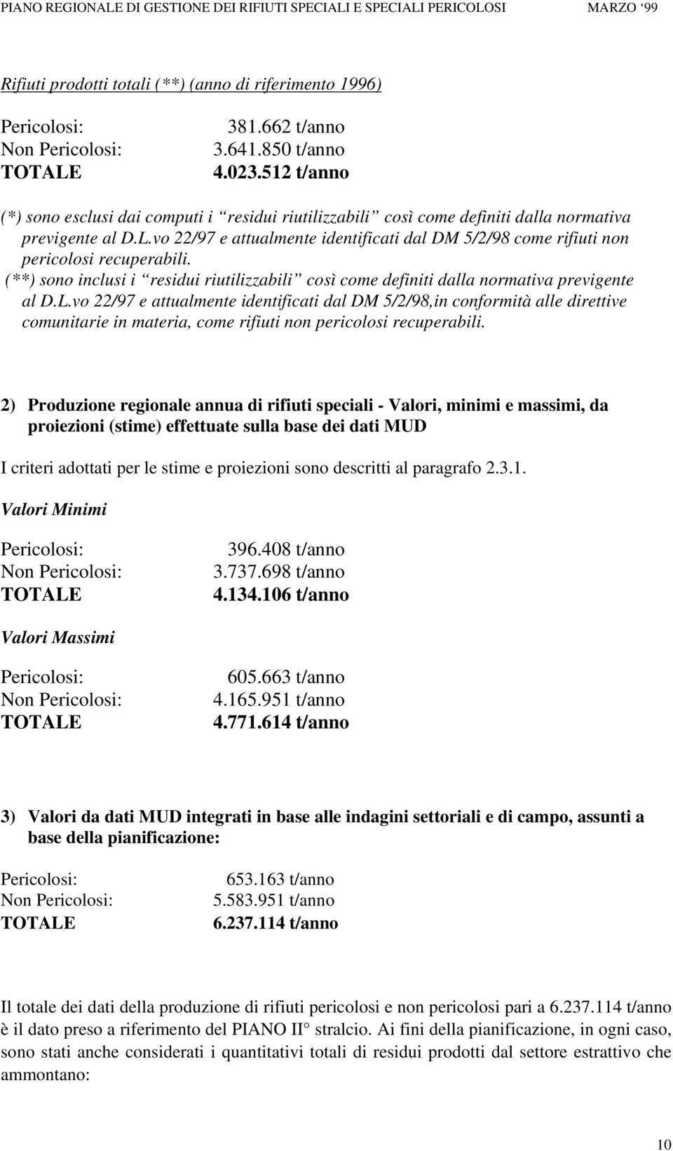 vo 22/97 e attualmente identificati dal DM 5/2/98 come rifiuti non pericolosi recuperabili. (**) sono inclusi i residui riutilizzabili così come definiti dalla normativa previgente al D.L.