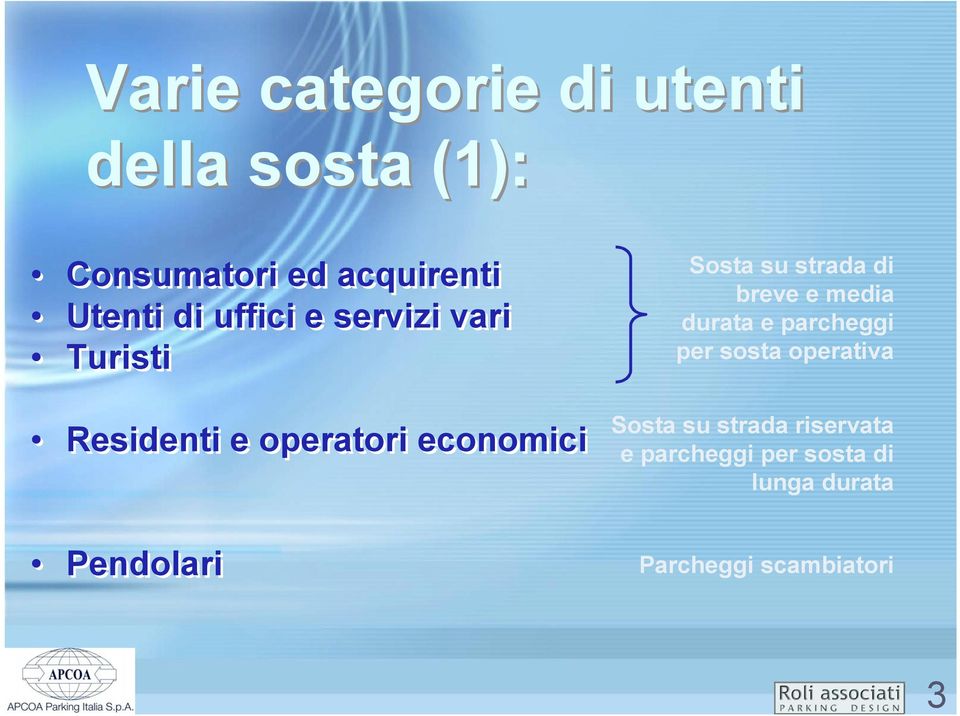 Sosta su strada di breve e media durata e parcheggi per sosta operativa Sosta