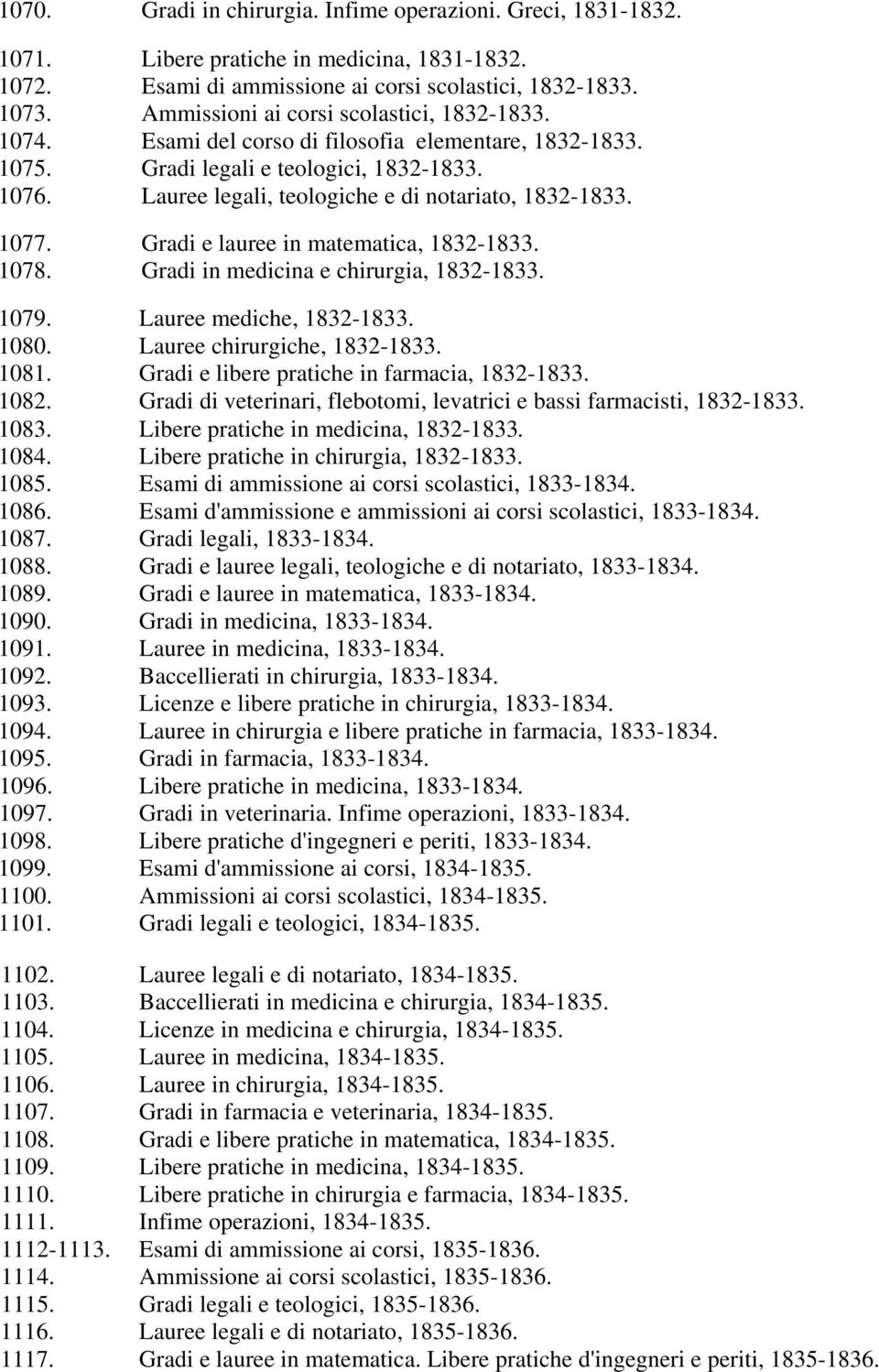 Lauree legali, teologiche e di notariato, 1832-1833. 1077. Gradi e lauree in matematica, 1832-1833. 1078. Gradi in medicina e chirurgia, 1832-1833. 1079. Lauree mediche, 1832-1833. 1080.