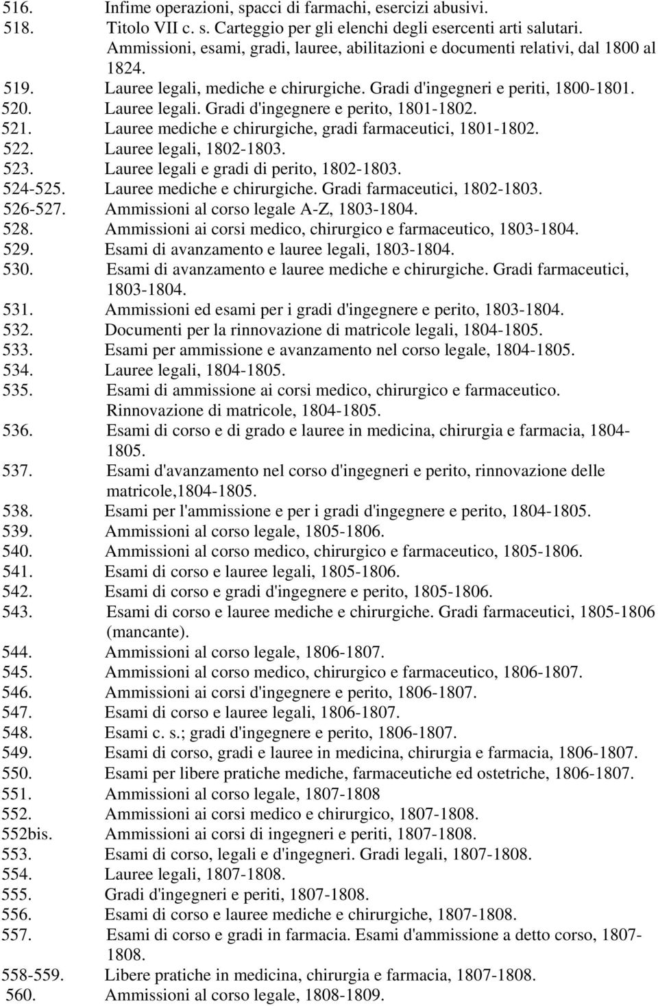 521. Lauree mediche e chirurgiche, gradi farmaceutici, 1801-1802. 522. Lauree legali, 1802-1803. 523. Lauree legali e gradi di perito, 1802-1803. 524-525. Lauree mediche e chirurgiche. Gradi farmaceutici, 1802-1803.