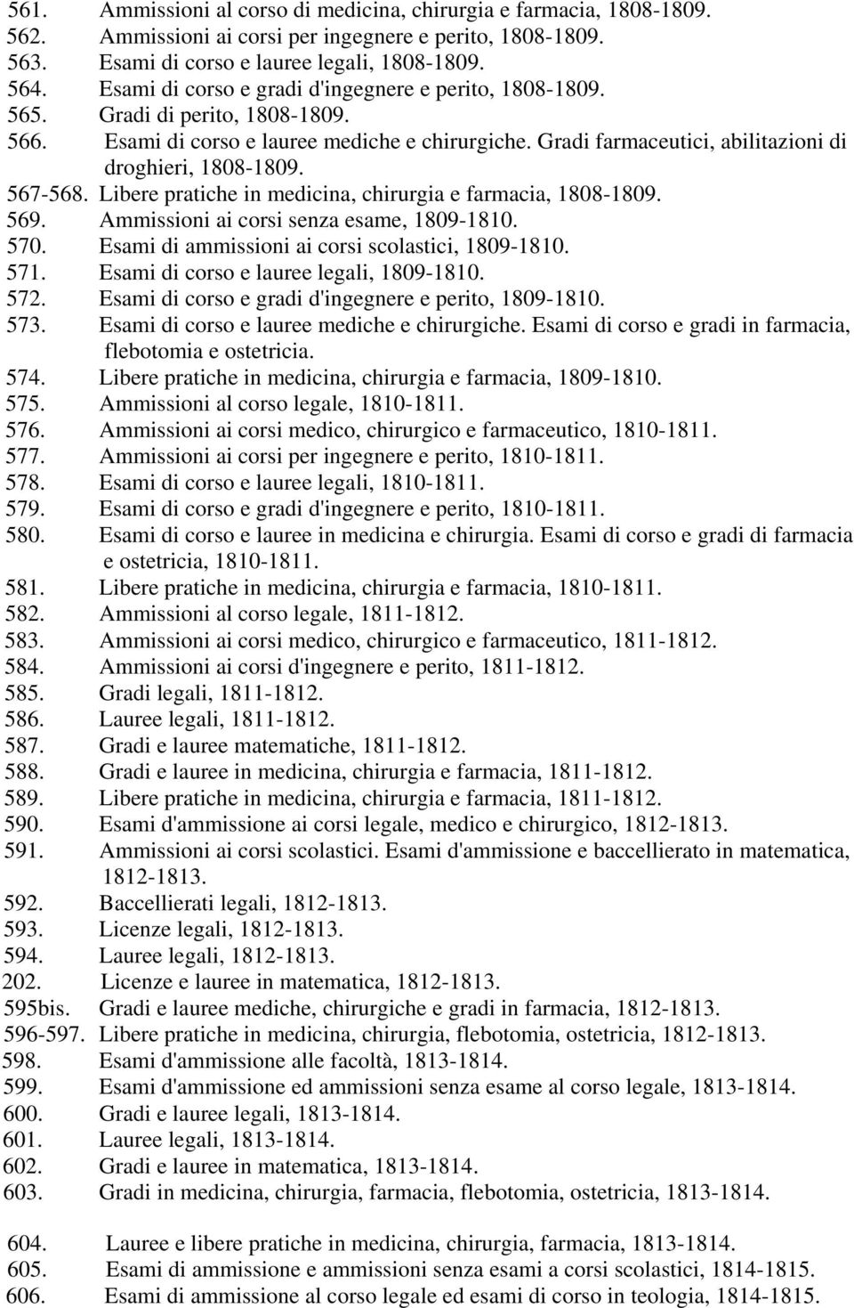 567-568. Libere pratiche in medicina, chirurgia e farmacia, 1808-1809. 569. Ammissioni ai corsi senza esame, 1809-1810. 570. Esami di ammissioni ai corsi scolastici, 1809-1810. 571.