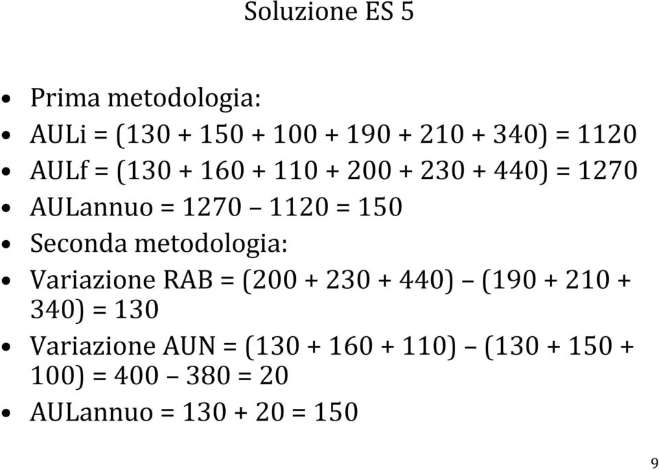 Seconda metodologia: Variazione RAB = (200 + 230 + 440) (190 + 210 + 340) = 130