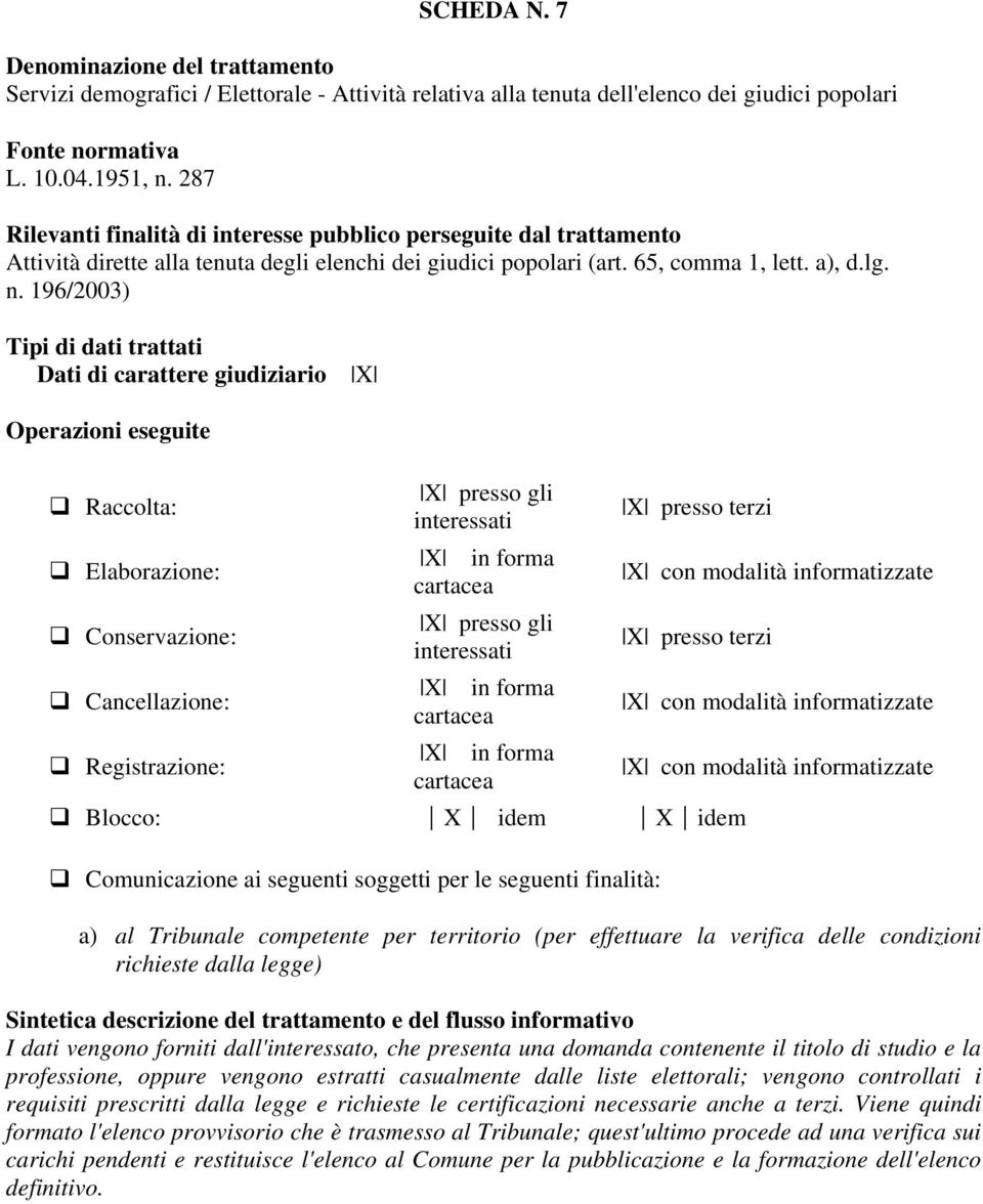 196/2003) Dati di carattere giudiziario X Raccolta: Elaborazione: Conservazione: Cancellazione: Registrazione: Blocco: X idem X idem Comunicazione ai seguenti soggetti per le seguenti finalità: a) al