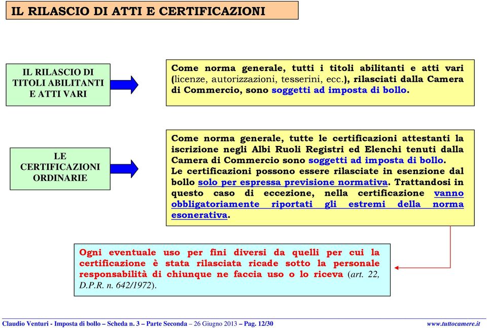 LE CERTIFICAZIONI ORDINARIE Come norma generale, tutte le certificazioni attestanti la iscrizione negli Albi Ruoli Registri ed Elenchi tenuti dalla Camera di Commercio sono soggetti ad imposta di