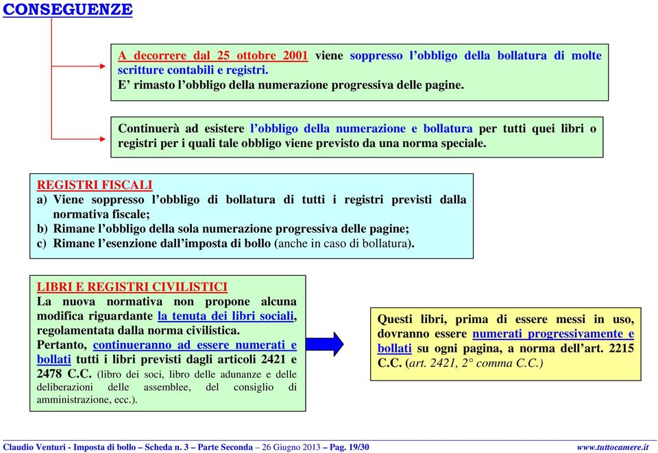 REGISTRI FISCALI a) Viene soppresso l obbligo di bollatura di tutti i registri previsti dalla normativa fiscale; b) Rimane l obbligo della sola numerazione progressiva delle pagine; c) Rimane l