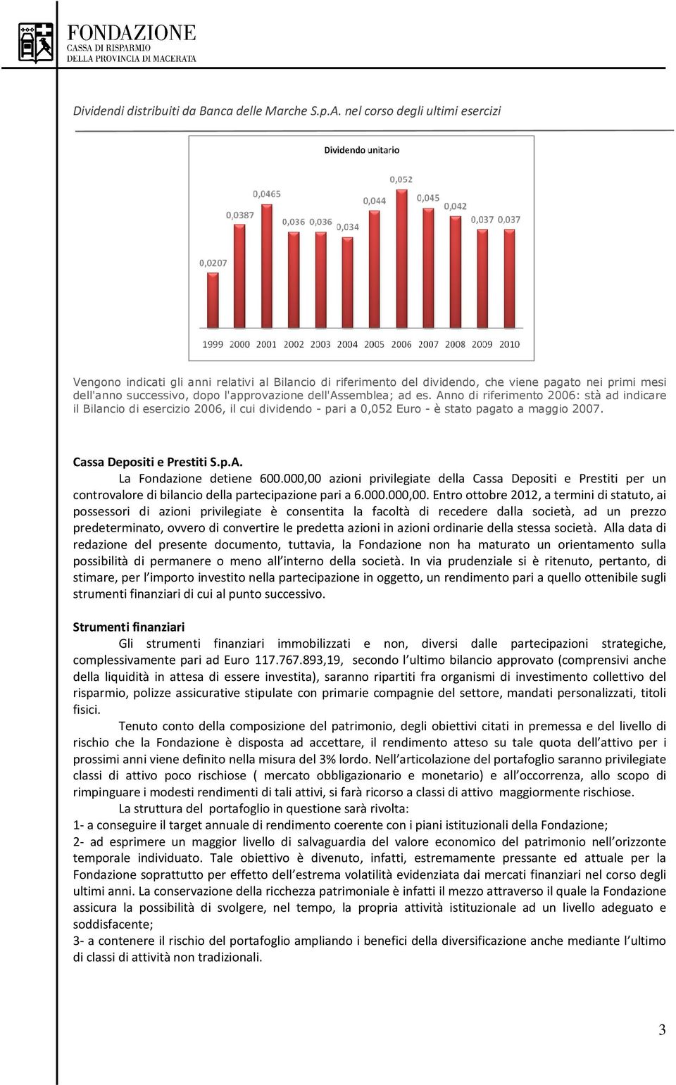 ad es. Anno di riferimento 2006: stà ad indicare il Bilancio di esercizio 2006, il cui dividendo - pari a 0,052 Euro - è stato pagato a maggio 2007. Cassa Depositi e Prestiti S.p.A. La Fondazione detiene 600.