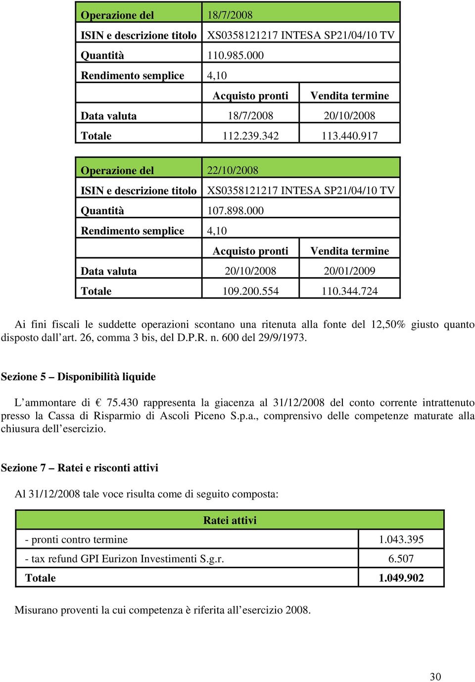 917 Operazione del 22/10/2008 ISIN e descrizione titolo XS0358121217 INTESA SP21/04/10 TV Quantità 107.898.