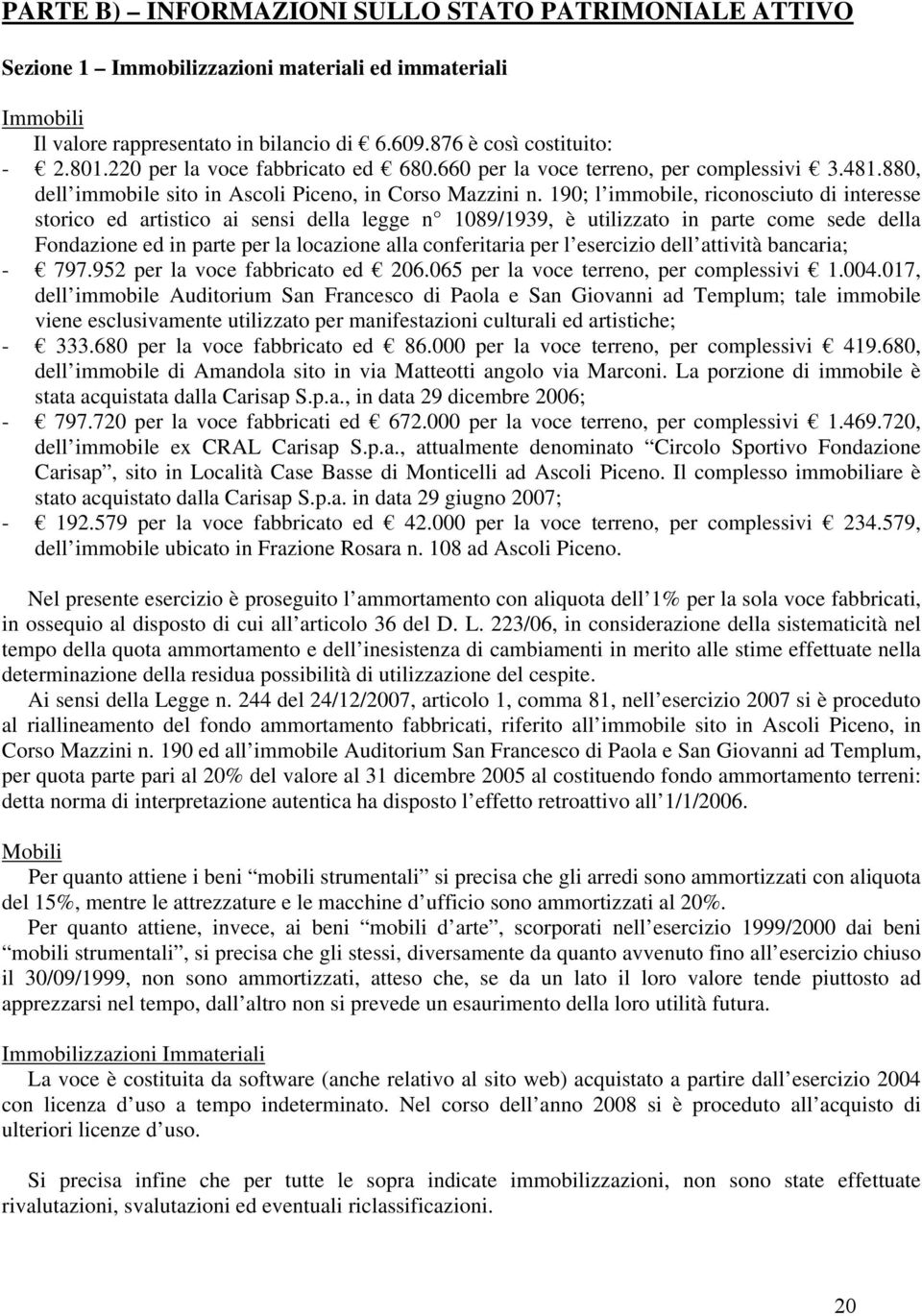 190; l immobile, riconosciuto di interesse storico ed artistico ai sensi della legge n 1089/1939, è utilizzato in parte come sede della Fondazione ed in parte per la locazione alla conferitaria per l