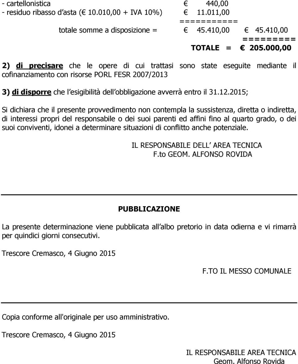 suoi conviventi, idonei a determinare situazioni di conflitto anche potenziale. IL RESPONSABILE DELL AREA TECNICA F.to GEOM.