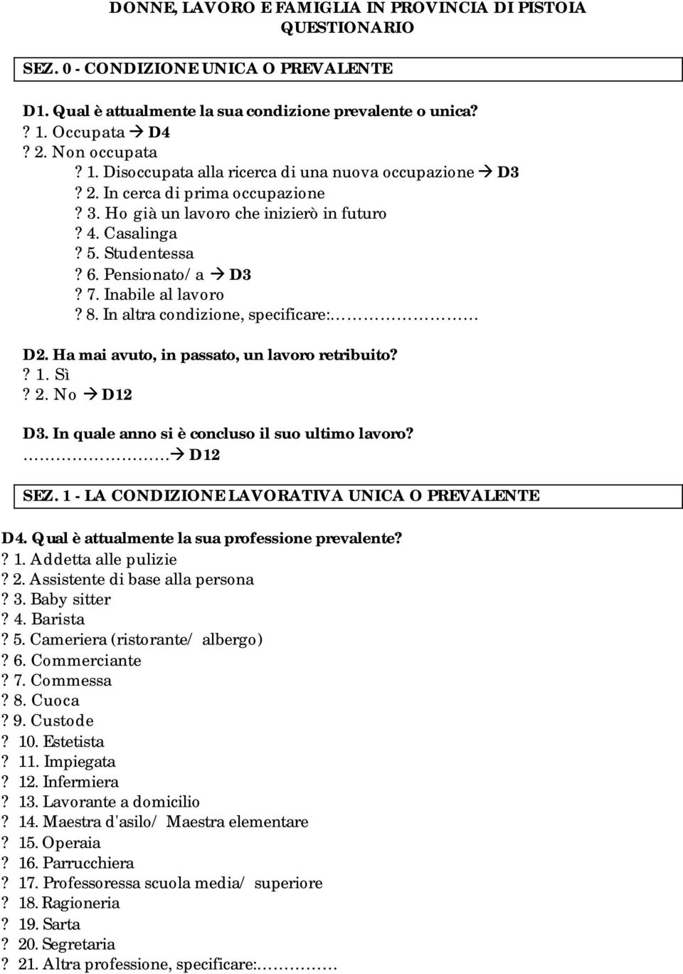 Pensionato/a D3? 7. Inabile al lavoro? 8. In altra condizione, specificare: D2. Ha mai avuto, in passato, un lavoro retribuito?? 1. Sì? 2. No D12 D3. In quale anno si è concluso il suo ultimo lavoro?