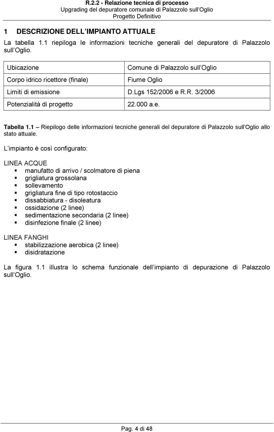 1 Riepilogo delle informazioni tecniche generali del depuratore di Palazzolo sull Oglio allo stato attuale.