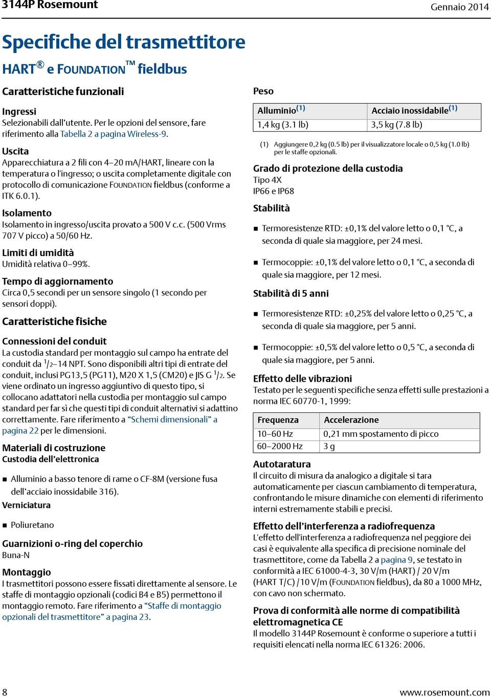 Uscita Apparecchiatura a 2 fili con 4 20 ma/hart, lineare con la temperatura o l'ingresso; o uscita completamente digitale con protocollo di comunicazione FOUNDATION fieldbus (conforme a ITK 6.0.1).