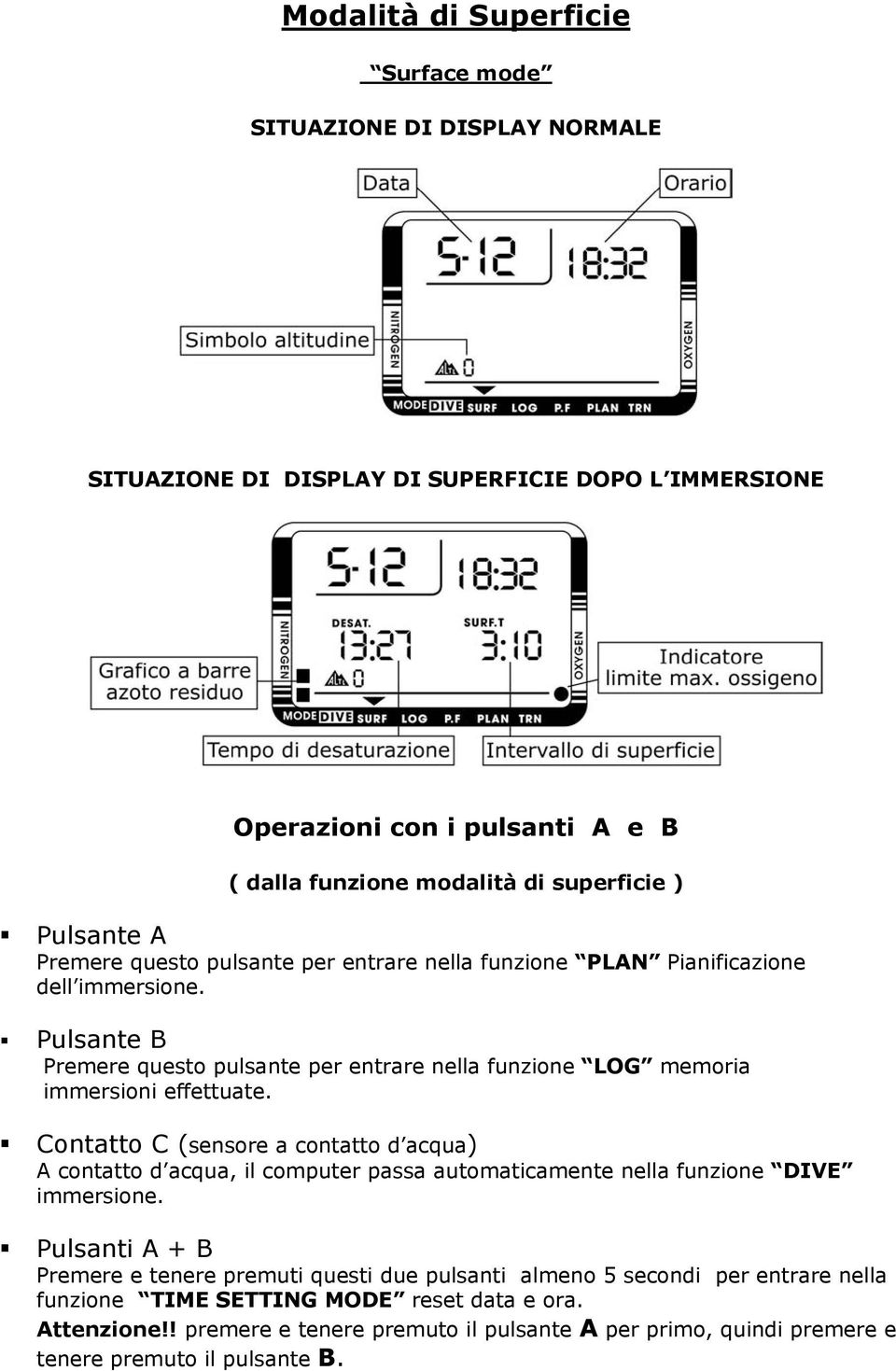 Pulsante B Premere questo pulsante per entrare nella funzione LOG memoria immersioni effettuate.