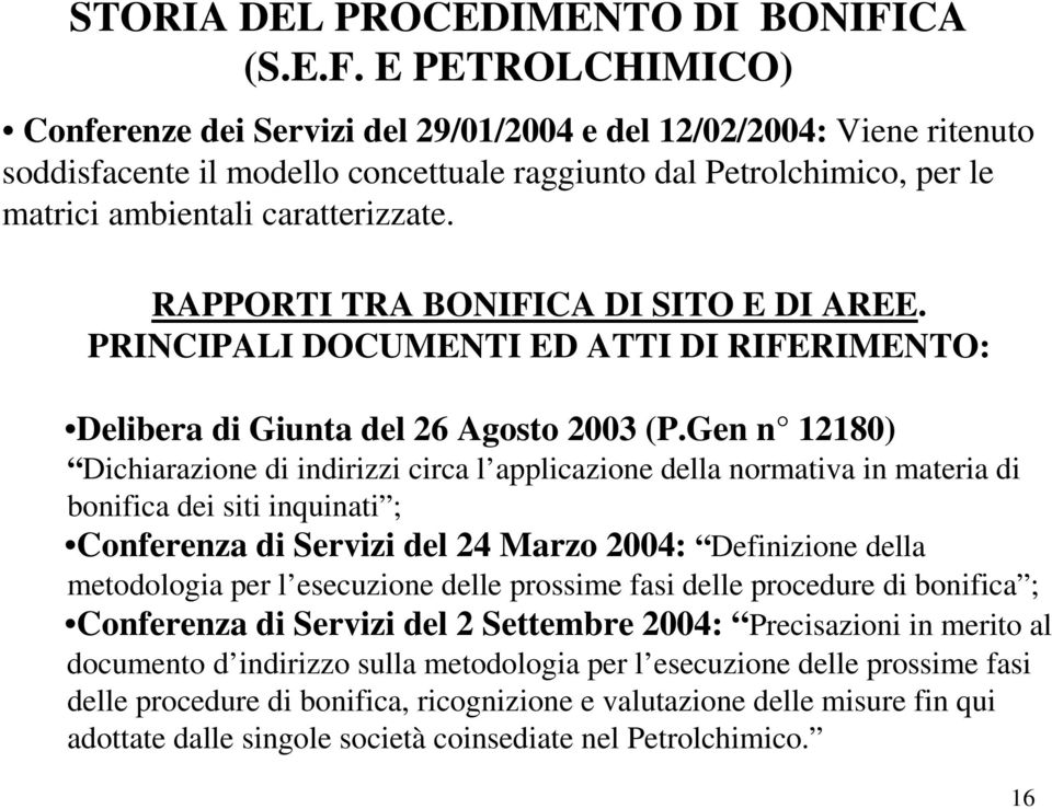 E PETROLCHIMICO) Conferenze dei Servizi del 29/01/2004 e del 12/02/2004: Viene ritenuto soddisfacente il modello concettuale raggiunto dal Petrolchimico, per le matrici ambientali caratterizzate.