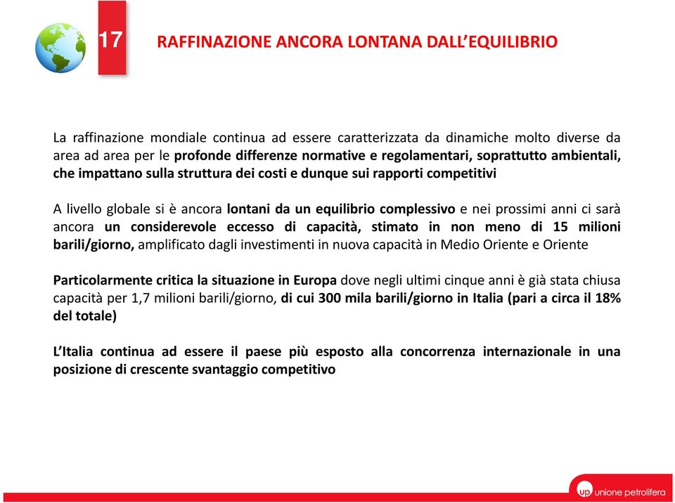 ci sarà ancora un considerevole eccesso di capacità, stimato in non meno di 15 milioni barili/giorno, amplificato dagli investimenti in nuova capacità in Medio Oriente e Oriente Particolarmente