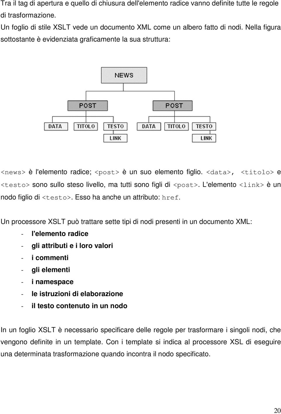 <data>, <titolo> e <testo> sono sullo steso livello, ma tutti sono figli di <post>. L'elemento <link> è un nodo figlio di <testo>. Esso ha anche un attributo: href.