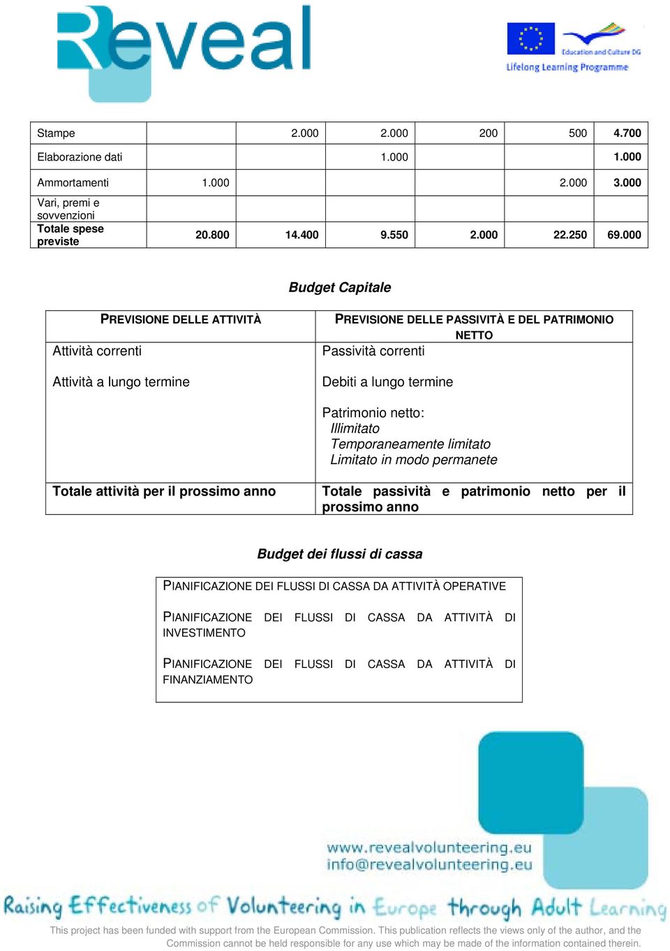 Patrimonio netto: Illimitato Temporaneamente limitato Limitato in modo permanete Totale attività per il prossimo anno Totale passività e patrimonio netto per il prossimo anno Budget dei