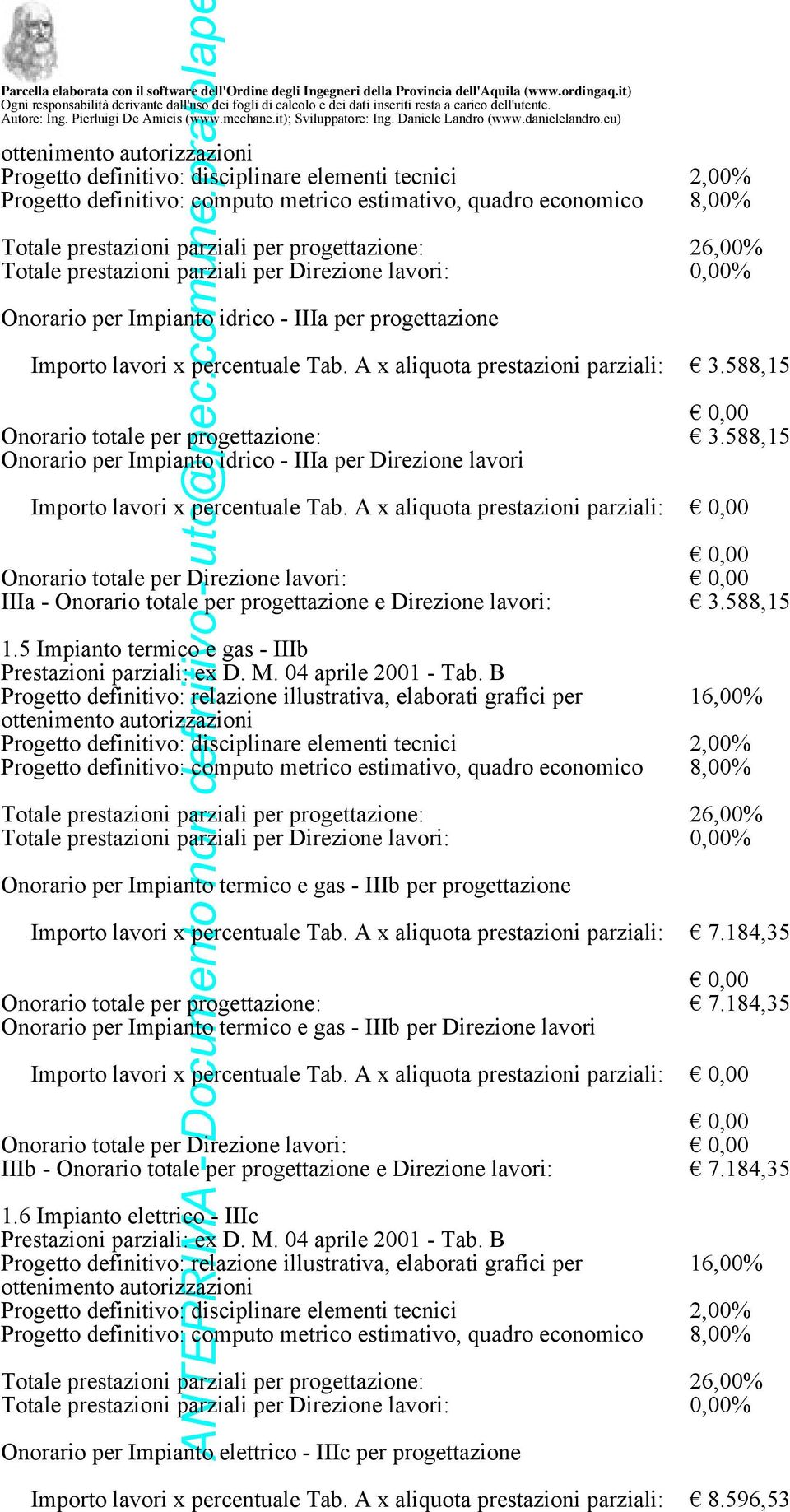 588,15 Onorario per Impianto idrico - IIIa per Direzione lavori Importo lavori x percentuale Tab.