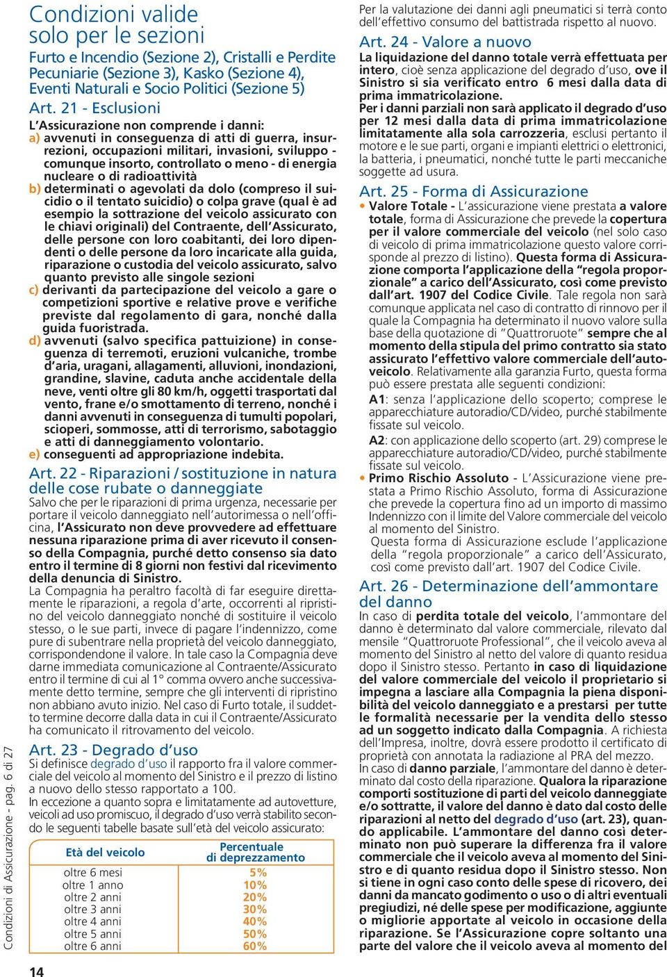 21 - Esclusioni L Assicurazione non comprende i danni: a) avvenuti in conseguenza di atti di guerra, insurrezioni, occupazioni militari, invasioni, sviluppo - comunque insorto, controllato o meno -