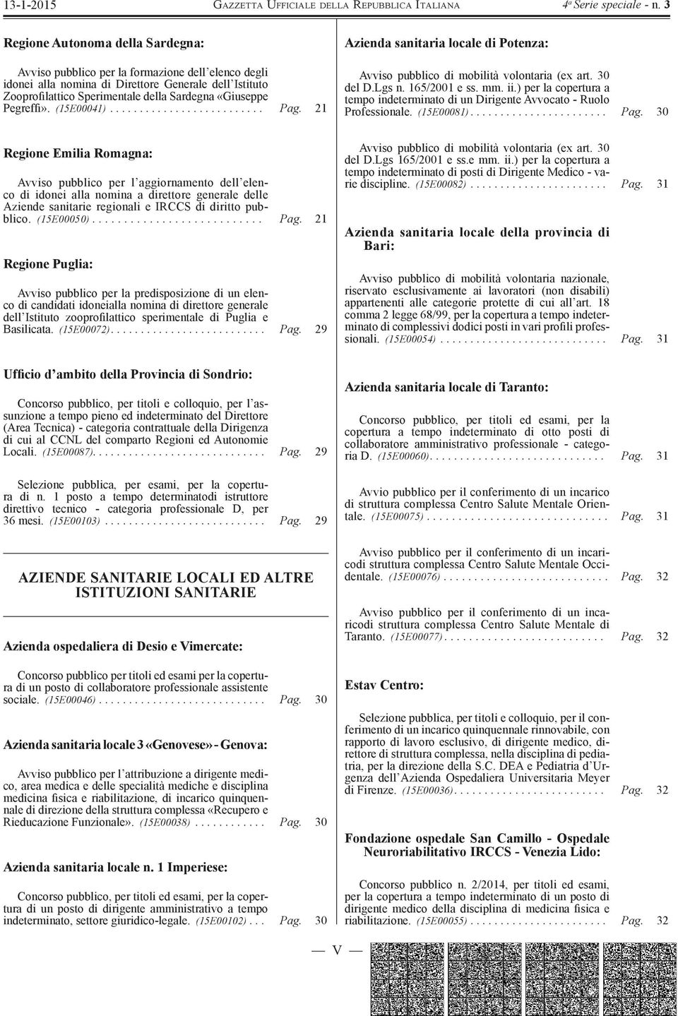 ) per la copertura a tempo indeterminato di un Dirigente Avvocato - Ruolo Professionale. (15E00081)....................... Pag.