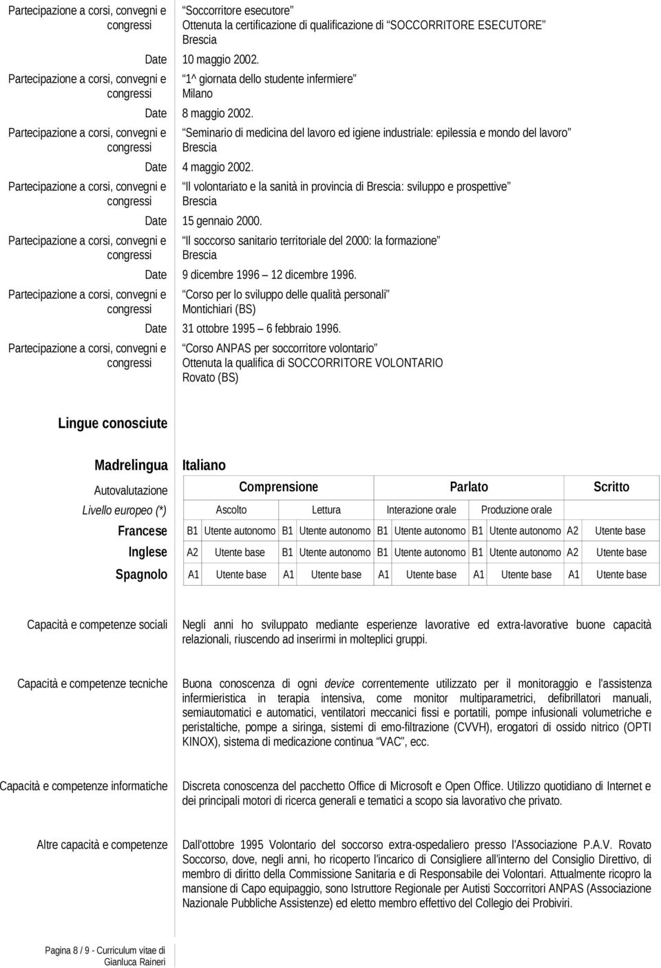 Il soccorso sanitario territoriale del 2000: la formazione Date 9 dicembre 1996 12 dicembre 1996. Corso per lo sviluppo delle qualità personali Montichiari (BS) Date 31 ottobre 1995 6 febbraio 1996.