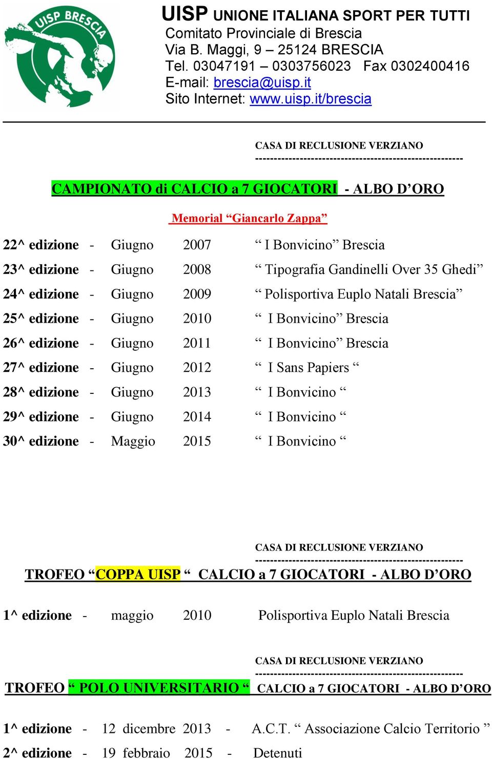 edizione - Giugno 2013 I Bonvicino 29^ edizione - Giugno 2014 I Bonvicino 30^ edizione - Maggio 2015 I Bonvicino TROFEO COPPA UISP CALCIO a 7 GIOCATORI - ALBO D ORO 1^ edizione - maggio 2010