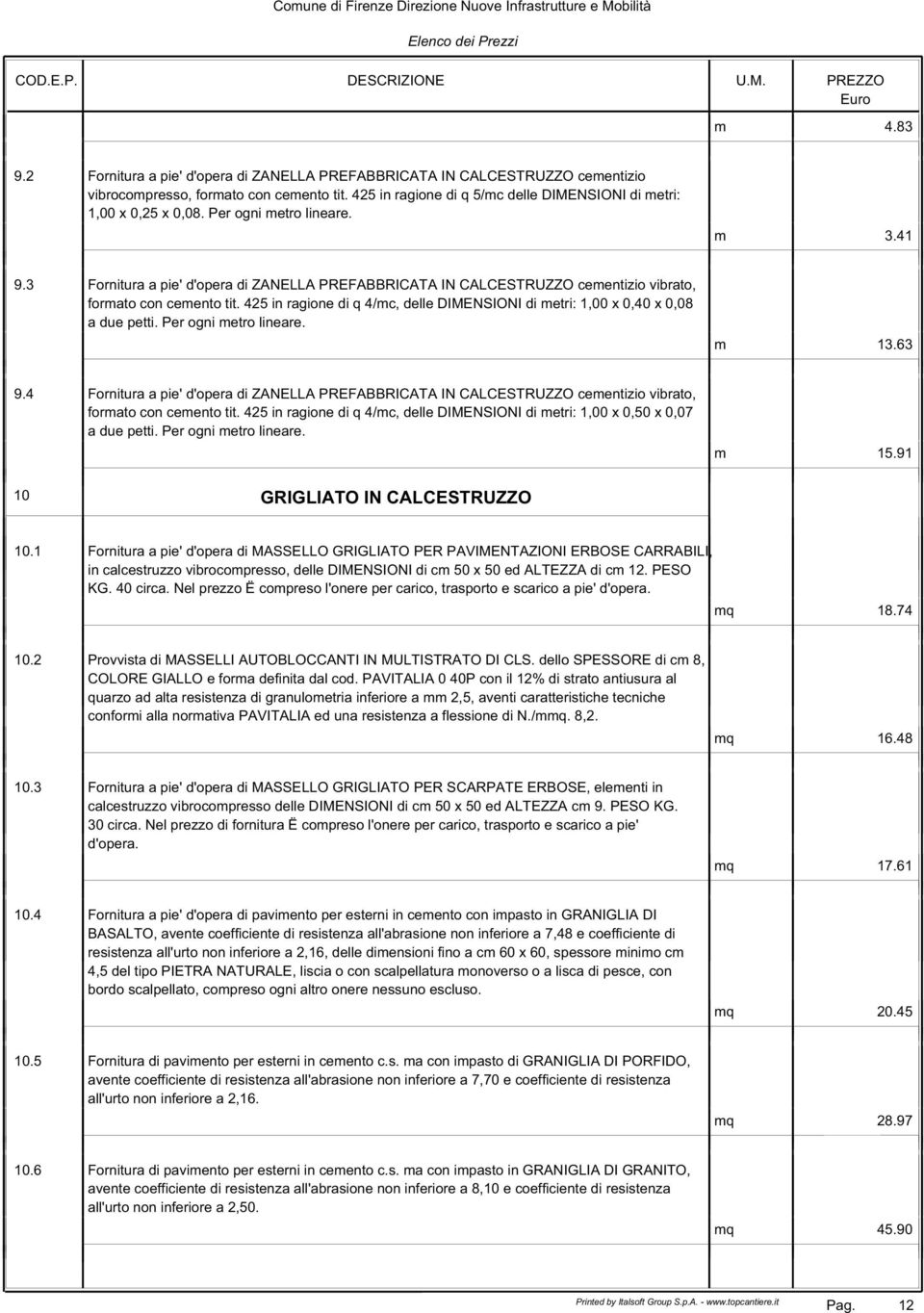 425 in ragione di q 4/mc, delle DIMENSIONI di metri: 1,00 x 0,40 x 0,08 a due petti. Per ogni metro lineare. m 13.63 9.