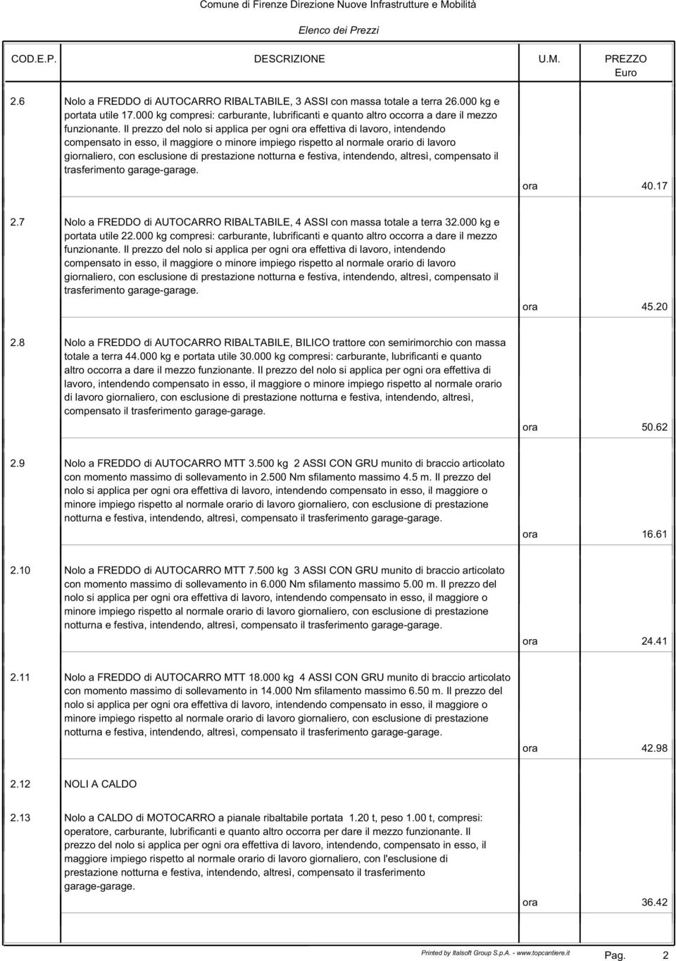 prestazione notturna e festiva, intendendo, altresì, compensato il trasferimento garage-garage. ora 40.17 2.7 Nolo a FREDDO di AUTOCARRO RIBALTABILE, 4 ASSI con massa totale a terra 32.