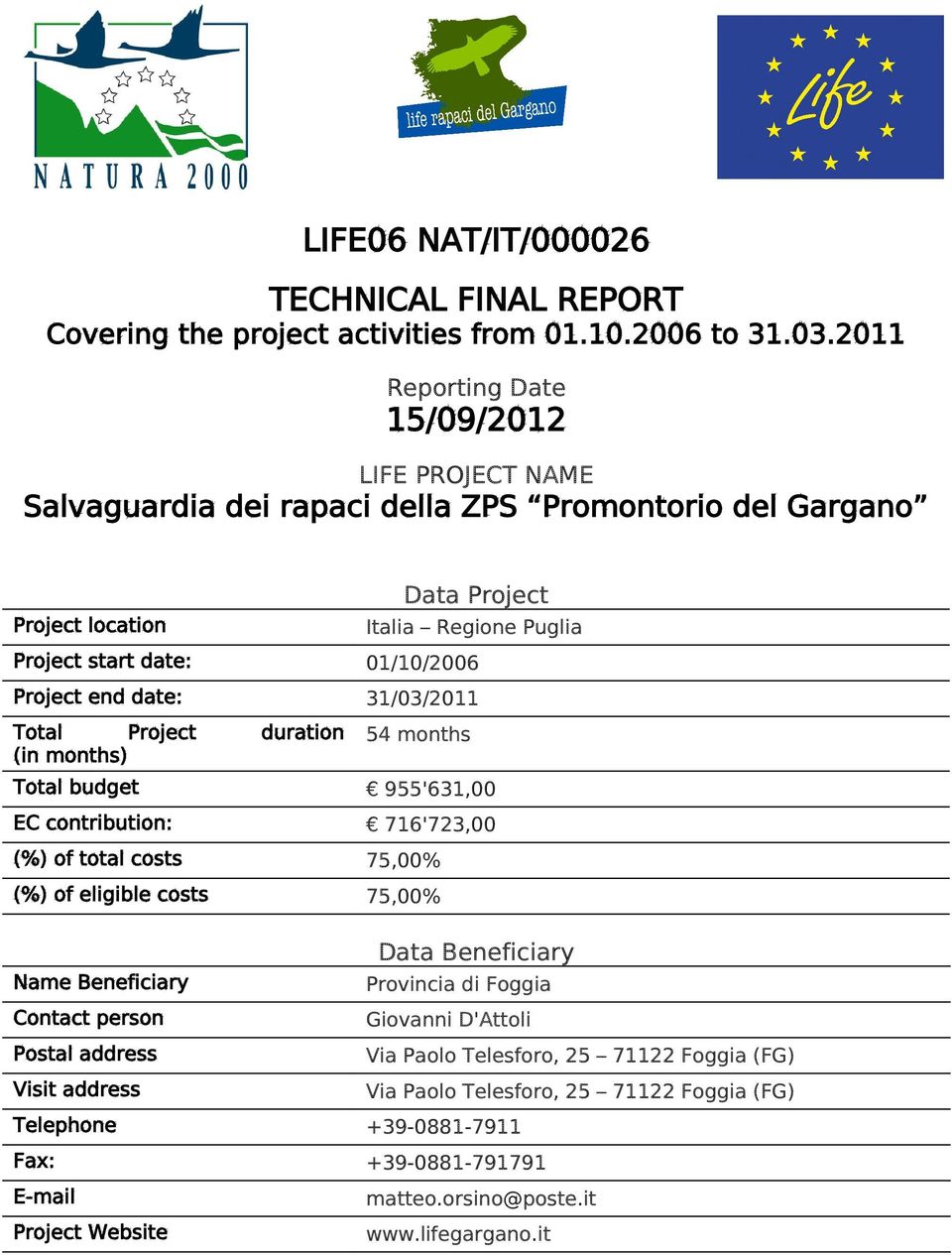 Project end date: 31/03/2011 Total Project (in months) duration 54 months Total budget 955'631,00 EC contribution: 716'723,00 (%) of total costs 75,00% (%) of eligible costs 75,00% Data