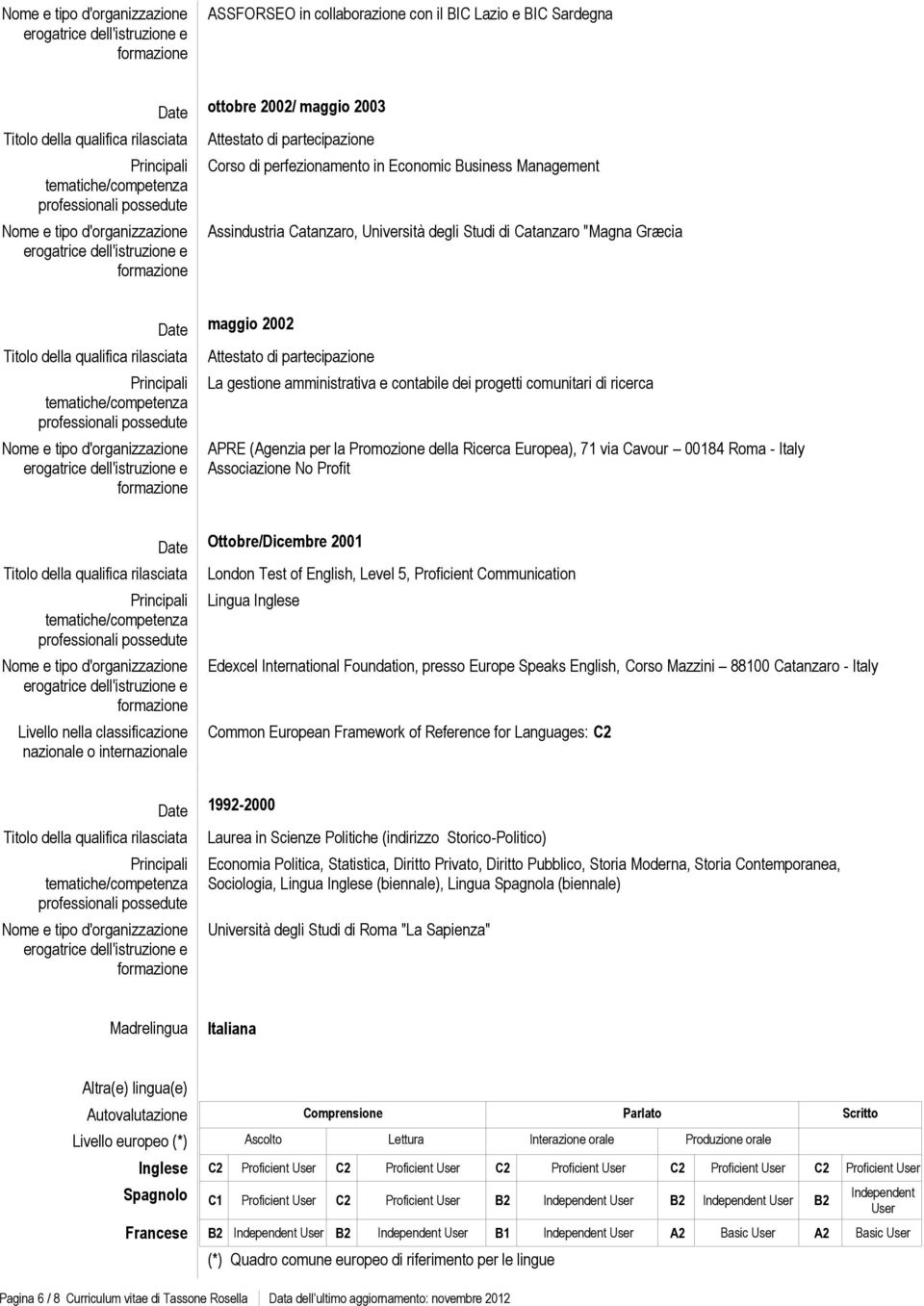 Associazione No Profit Livello nella classificazione nazionale o internazionale Ottobre/Dicembre 2001 London Test of English, Level 5, Proficient Communication Lingua Inglese Edexcel International