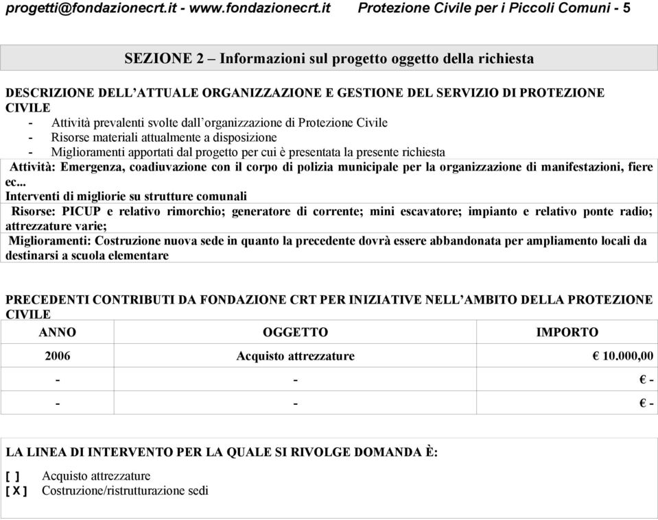 it Protezione Civile per i Piccoli Comuni - 5 SEZIONE 2 Informazioni sul progetto oggetto della richiesta DESCRIZIONE DELL ATTUALE ORGANIZZAZIONE E GESTIONE DEL SERVIZIO DI PROTEZIONE CIVILE -