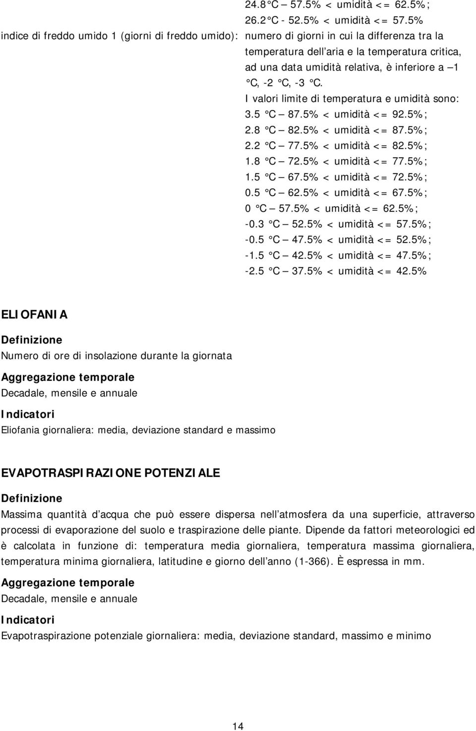 C, -3 C. I valori limite di temperatura e umidità sono: 3.5 C 87.5% < umidità <= 92.5%; 2.8 C 82.5% < umidità <= 87.5%; 2.2 C 77.5% < umidità <= 82.5%; 1.8 C 72.5% < umidità <= 77.5%; 1.5 C 67.